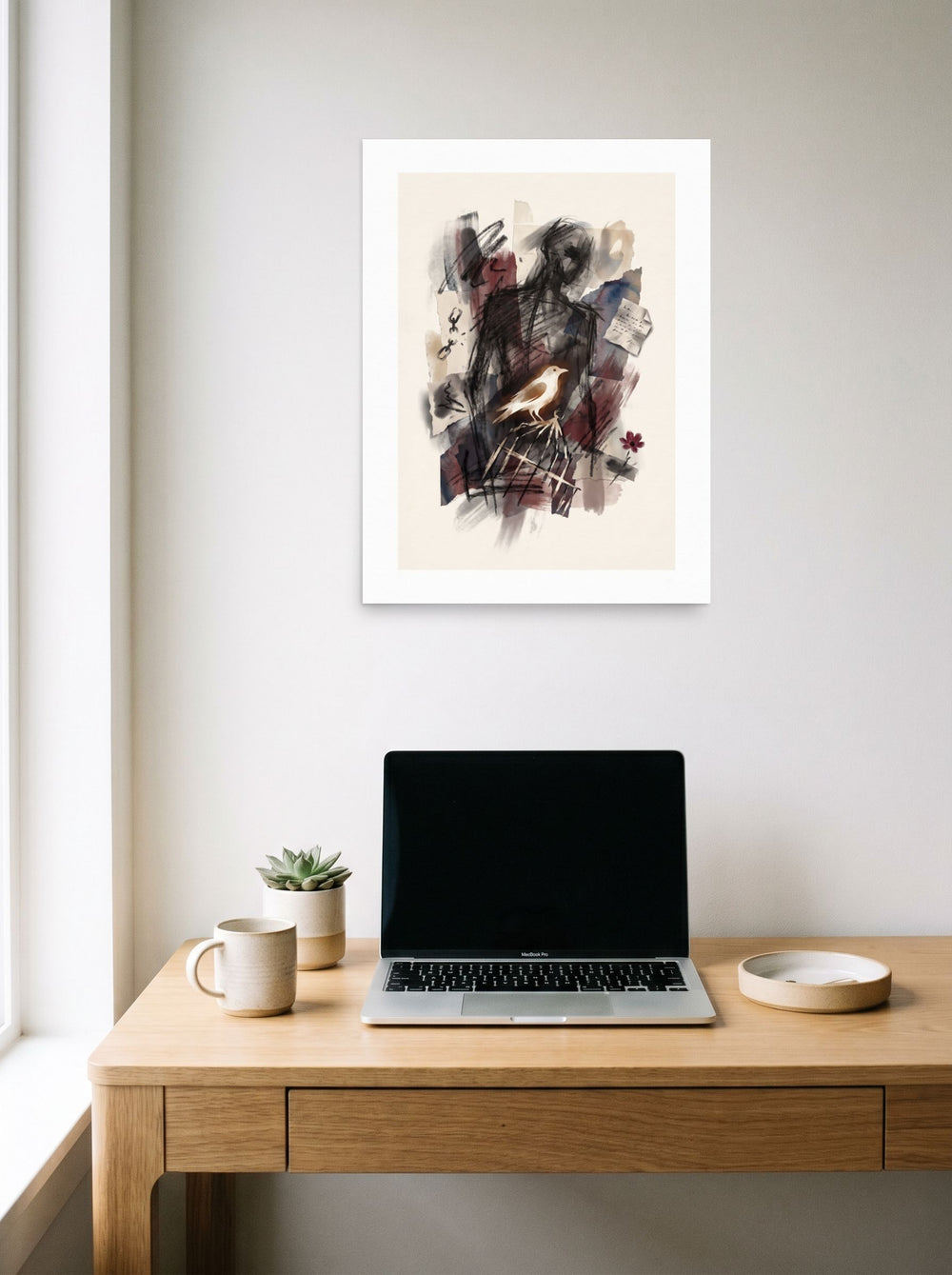 'Liberated Shadow' displayed over a compact desk setup, printed as unframed paper at 18x24 inch.