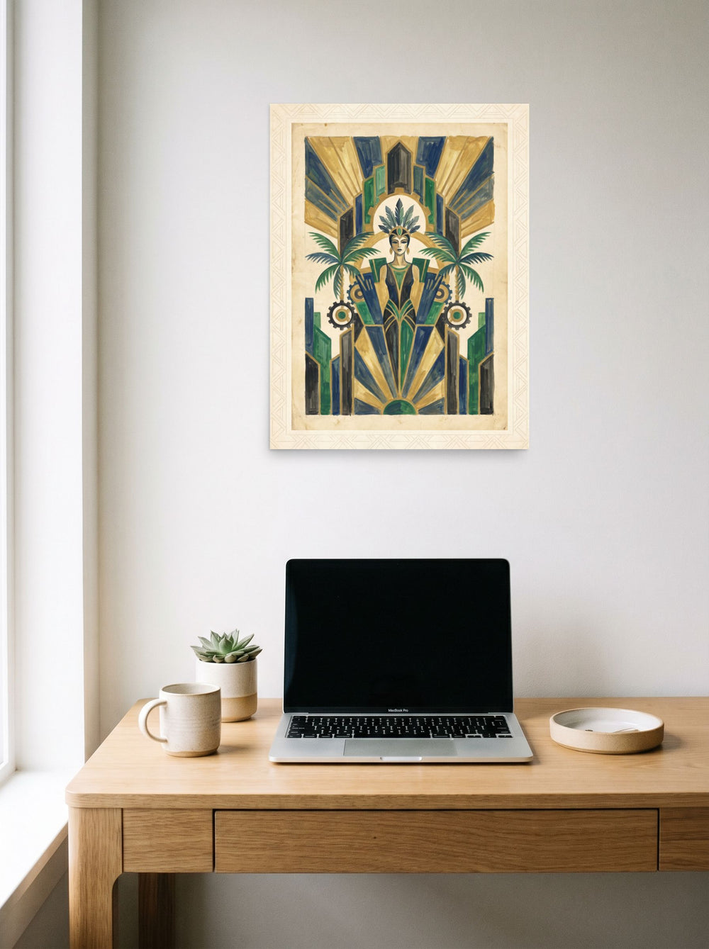 A 18x24 inch unframed paper Art Deco print of 'The Deco Oasis' hanging above a worktable with a laptop.