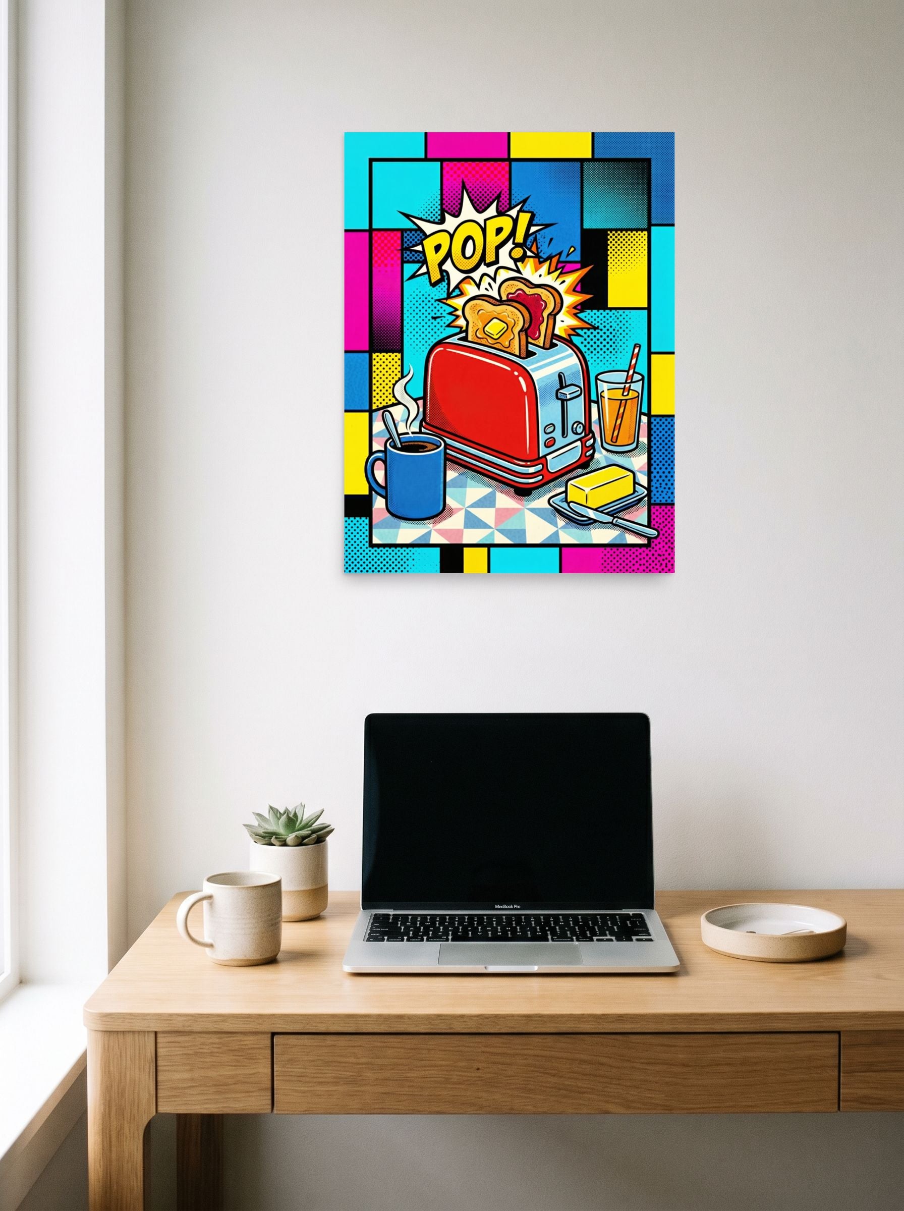 A 18x24 inch unframed paper Pop art print of 'Pop Goes the Toast' hanging above a worktable with a laptop.