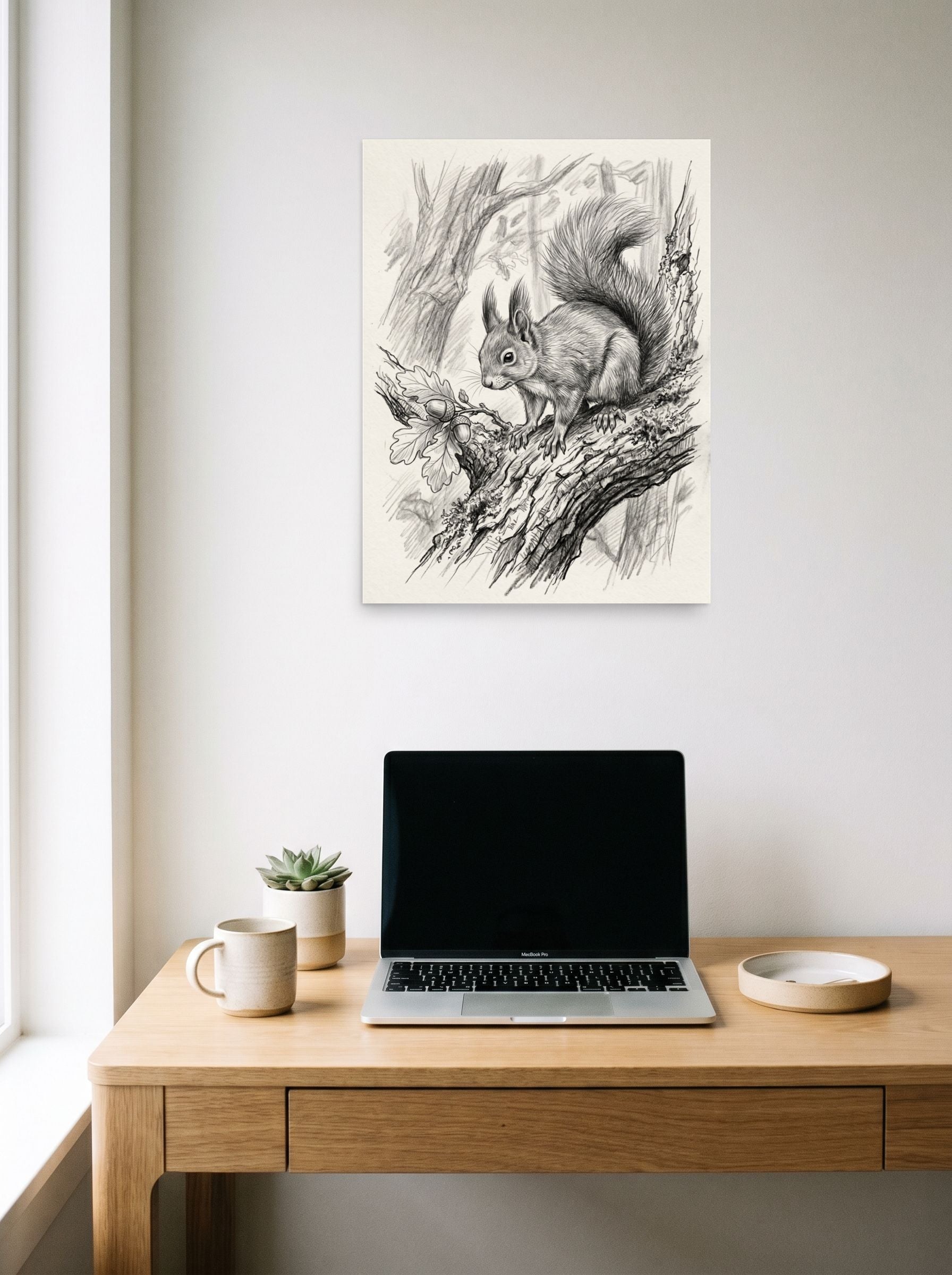 A 18x24 inch unframed paper Realism print of 'Squirrel and Acorns Sketch' hanging above a worktable with a laptop.