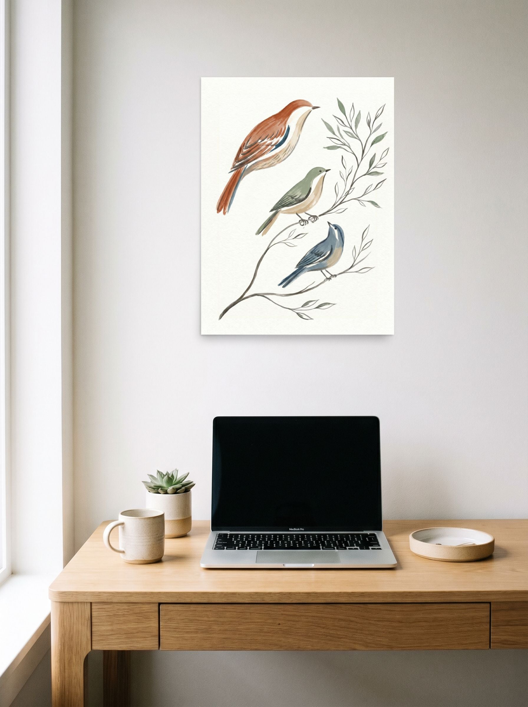 A 18x24 inch unframed paper Minimalism print of 'Spring Aviary Sketch' hanging above a worktable with a laptop.