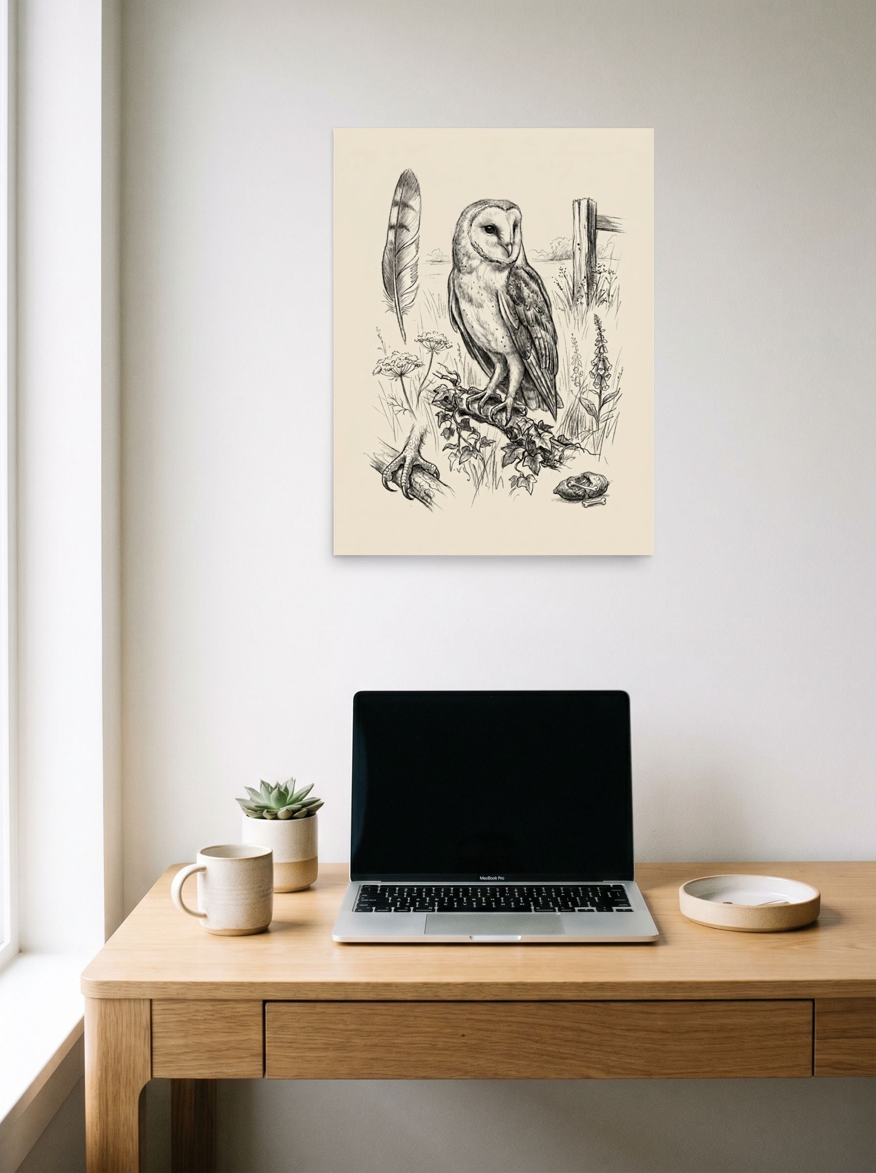 A 18x24 inch unframed paper Realism print of 'Barn Owl Anatomy Study' hanging above a worktable with a laptop.