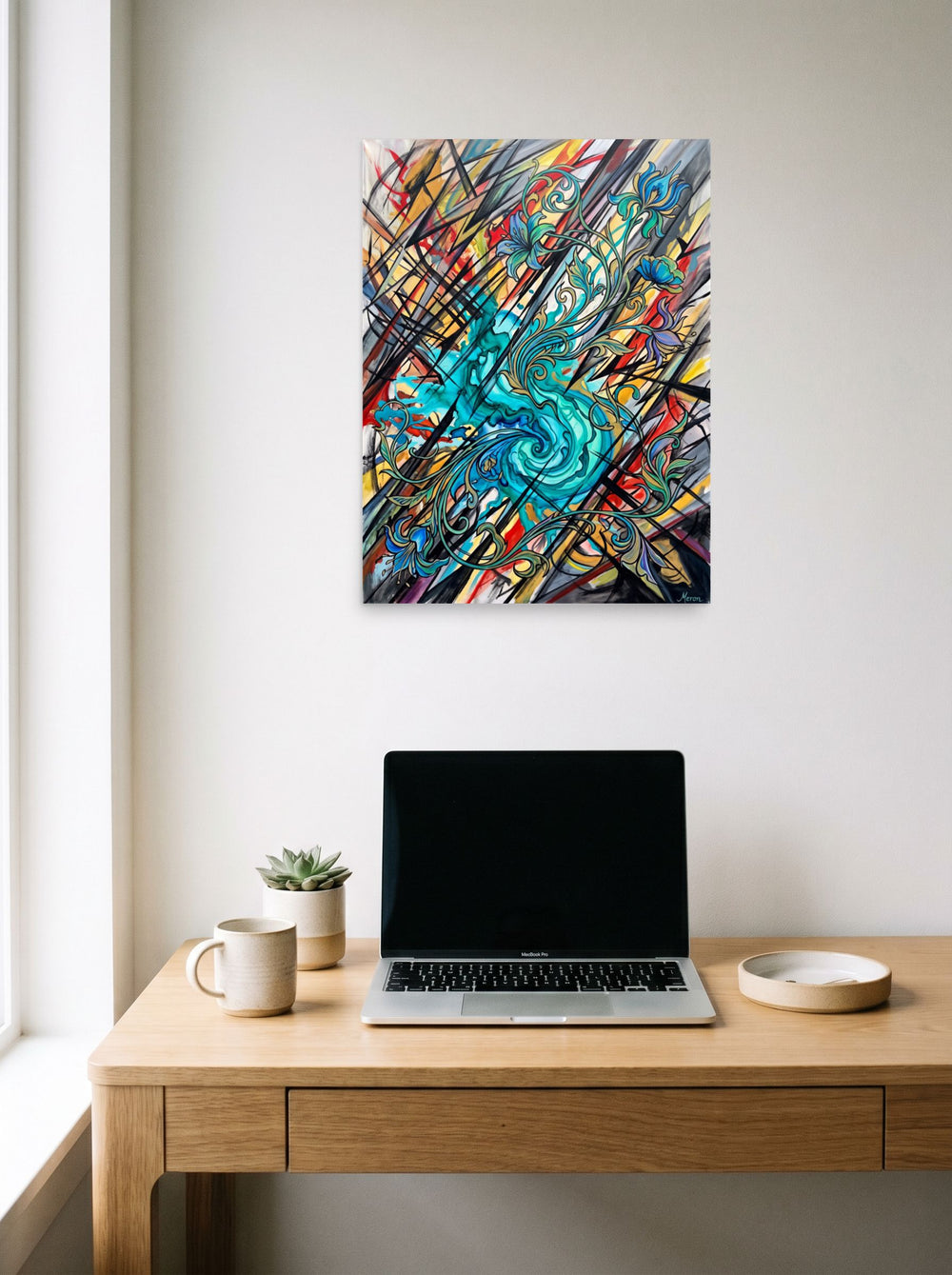 Mockup of 'Botanical Shatter' as a 18x24 inch unframed paper print, styled above a home-office workspace.