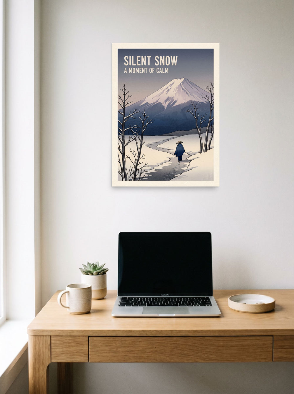 'Silent Snow' styled above a home-office workspace, printed as unframed paper at 18x24 inch.