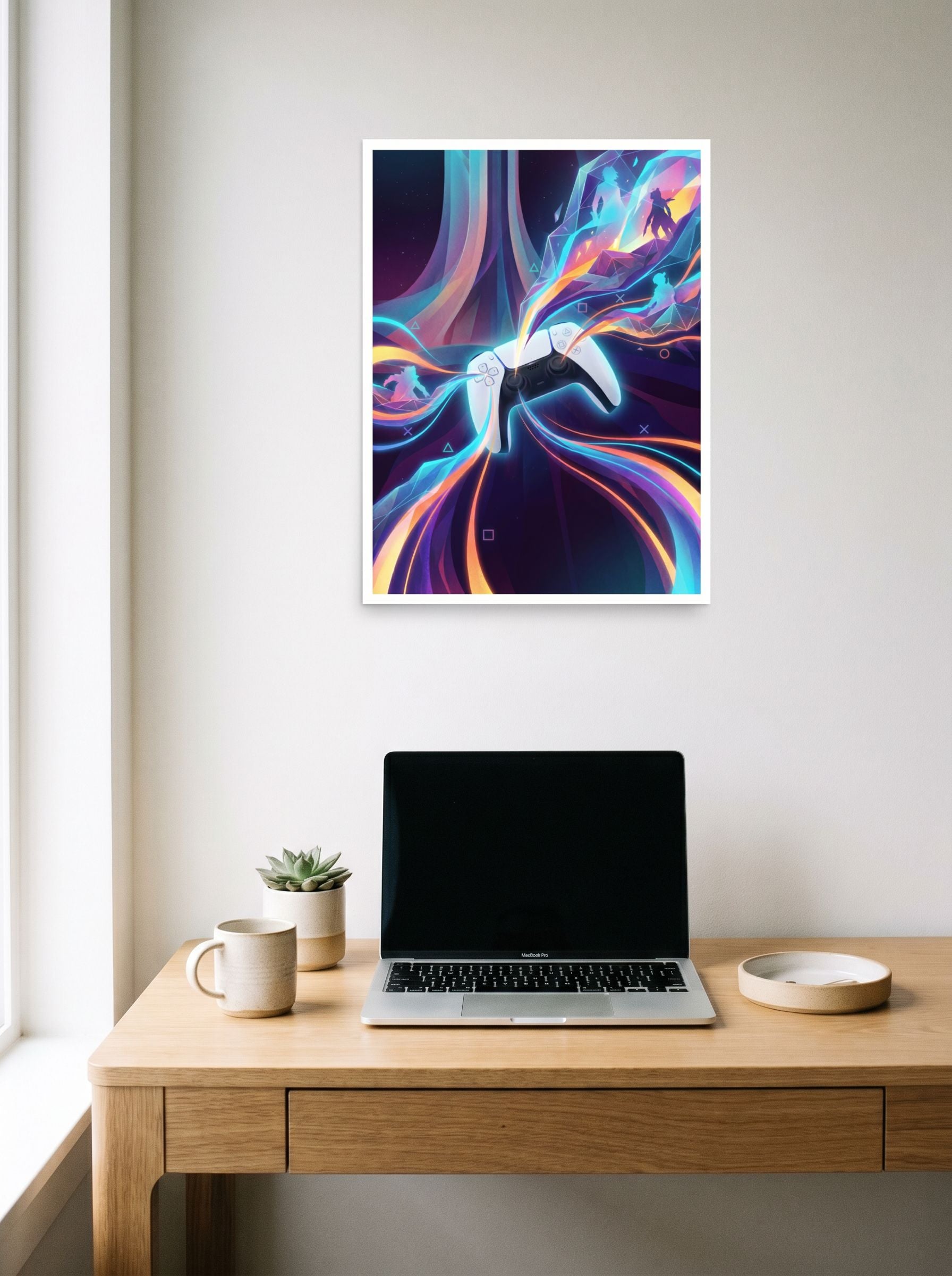 A 18x24 inch unframed paper Pop art print of 'Neon Gameplay' hanging above a worktable with a laptop.