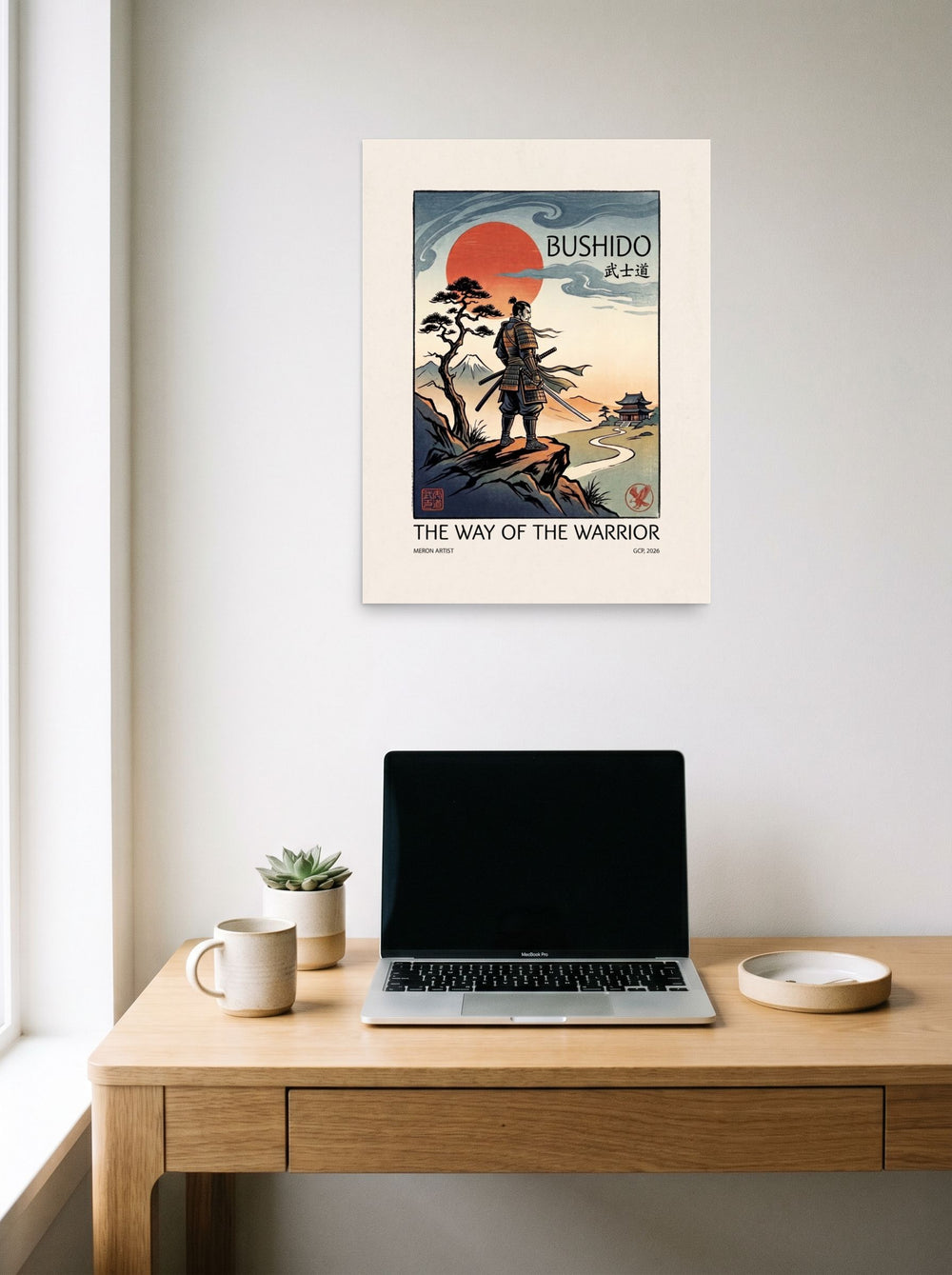 Shin hanga wall art 'Bushido Horizon', unframed paper at 18x24 inch, hanging above a worktable with a laptop.