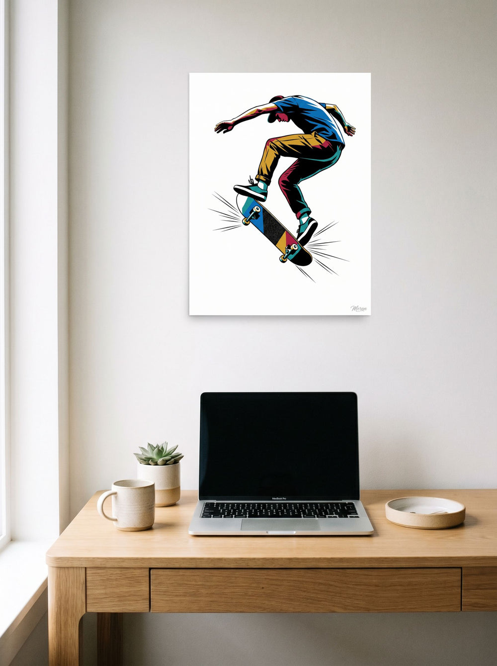Pop art wall art 'Kickflip in Motion', unframed paper at 18x24 inch, styled above a home-office workspace.