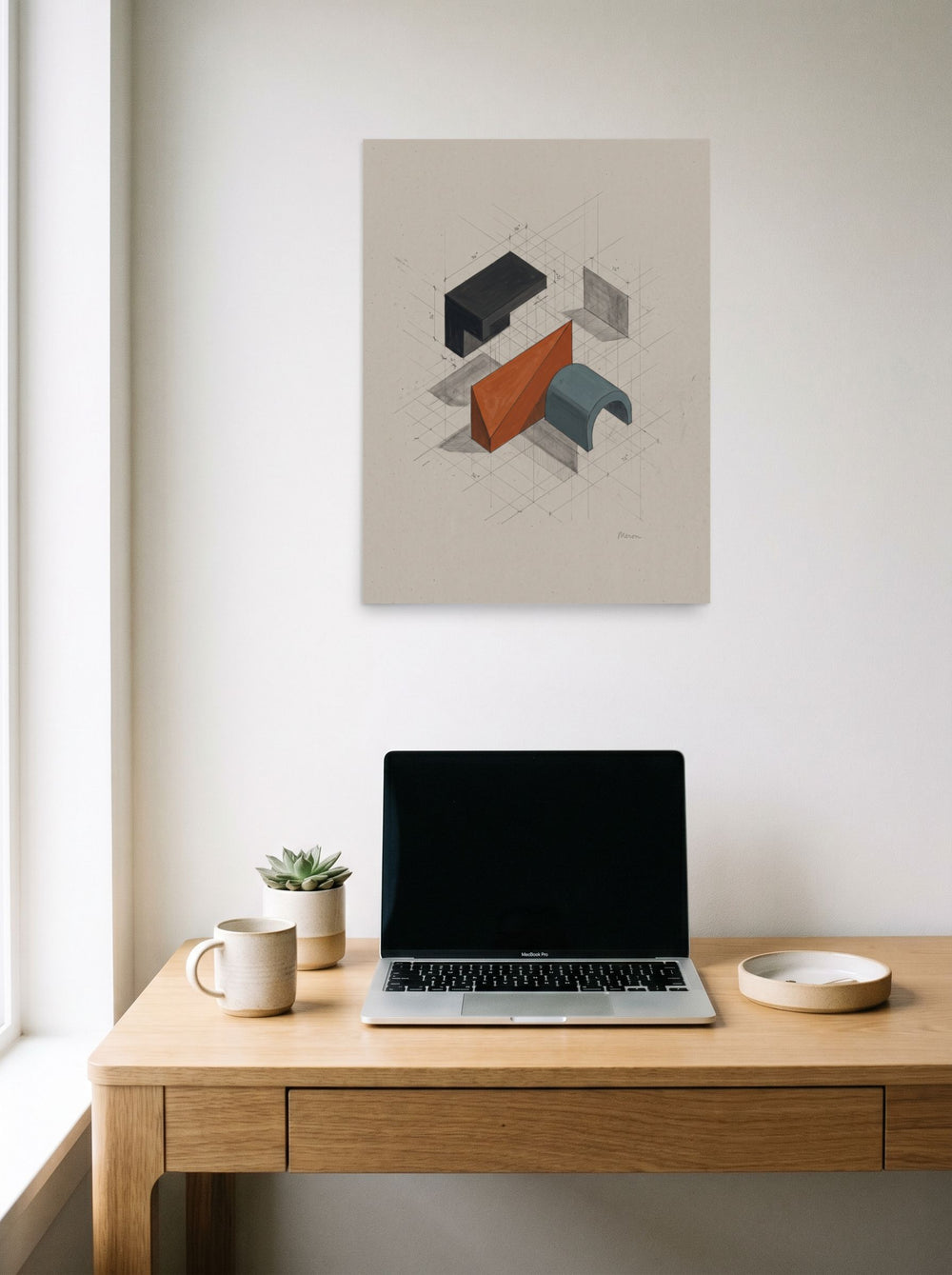 'Axonometric Study', a Constructivism print styled above a home-office workspace. Shown as unframed paper, 18x24 inch.