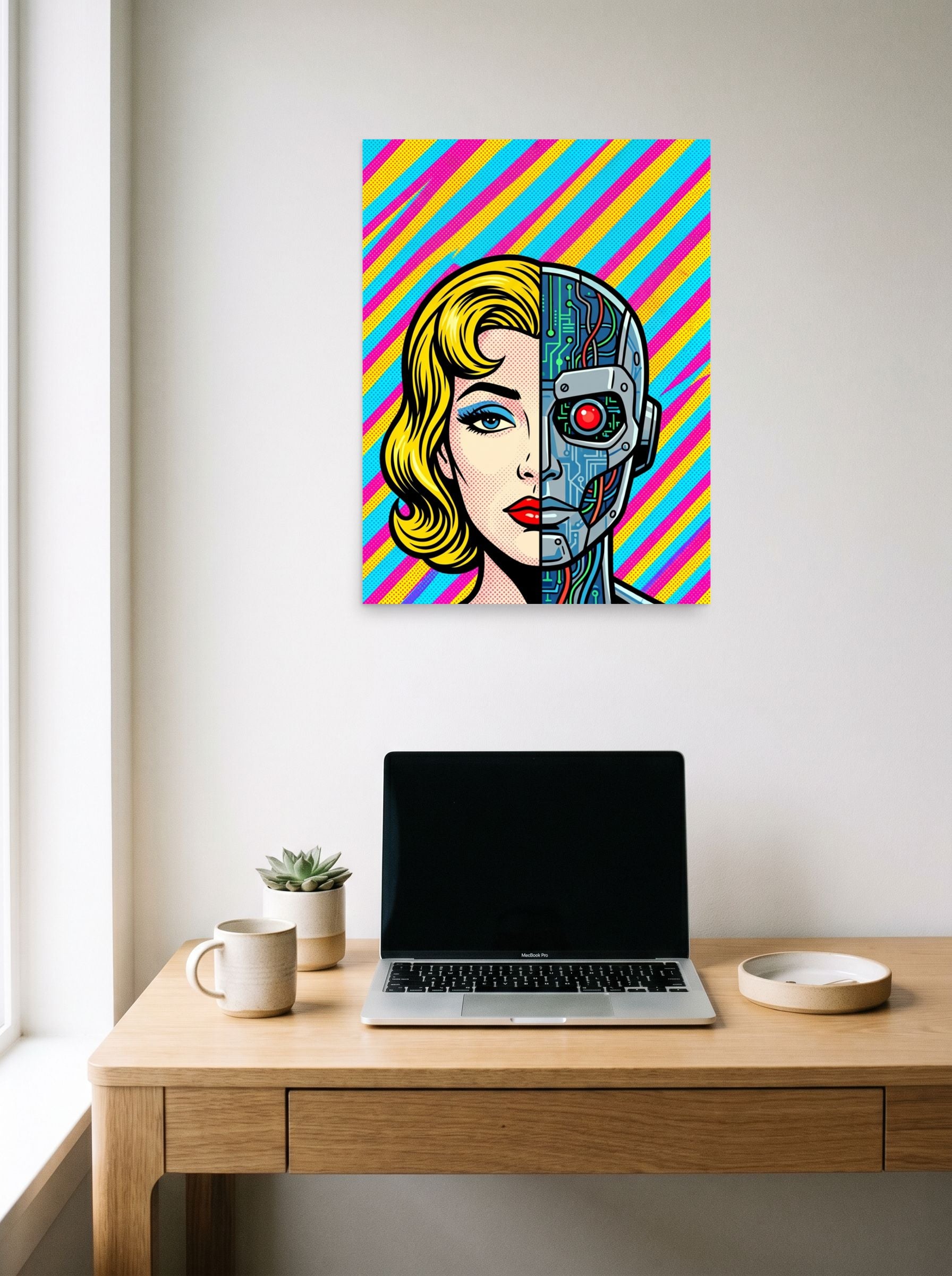 A 18x24 inch unframed paper Pop art print of 'Synthetic Beauty' hanging above a worktable with a laptop.