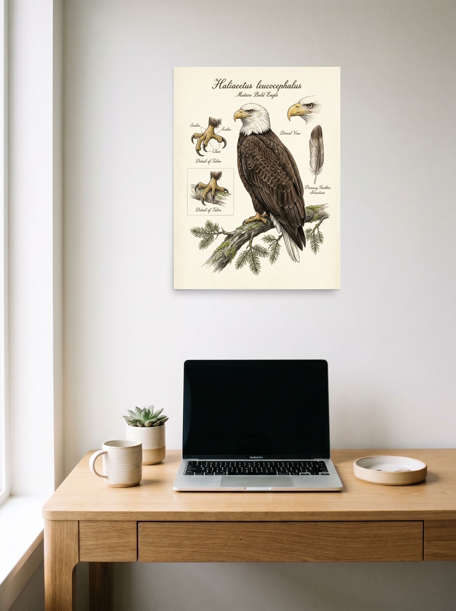 A 18x24 inch unframed paper Academic art,Realism print of 'Bald Eagle Portrait Study' hanging above a worktable with a laptop.