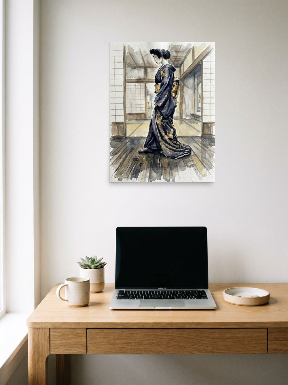 A 18x24 inch unframed paper Japanese art print of 'The Golden Crane Kimono' hanging above a worktable with a laptop.