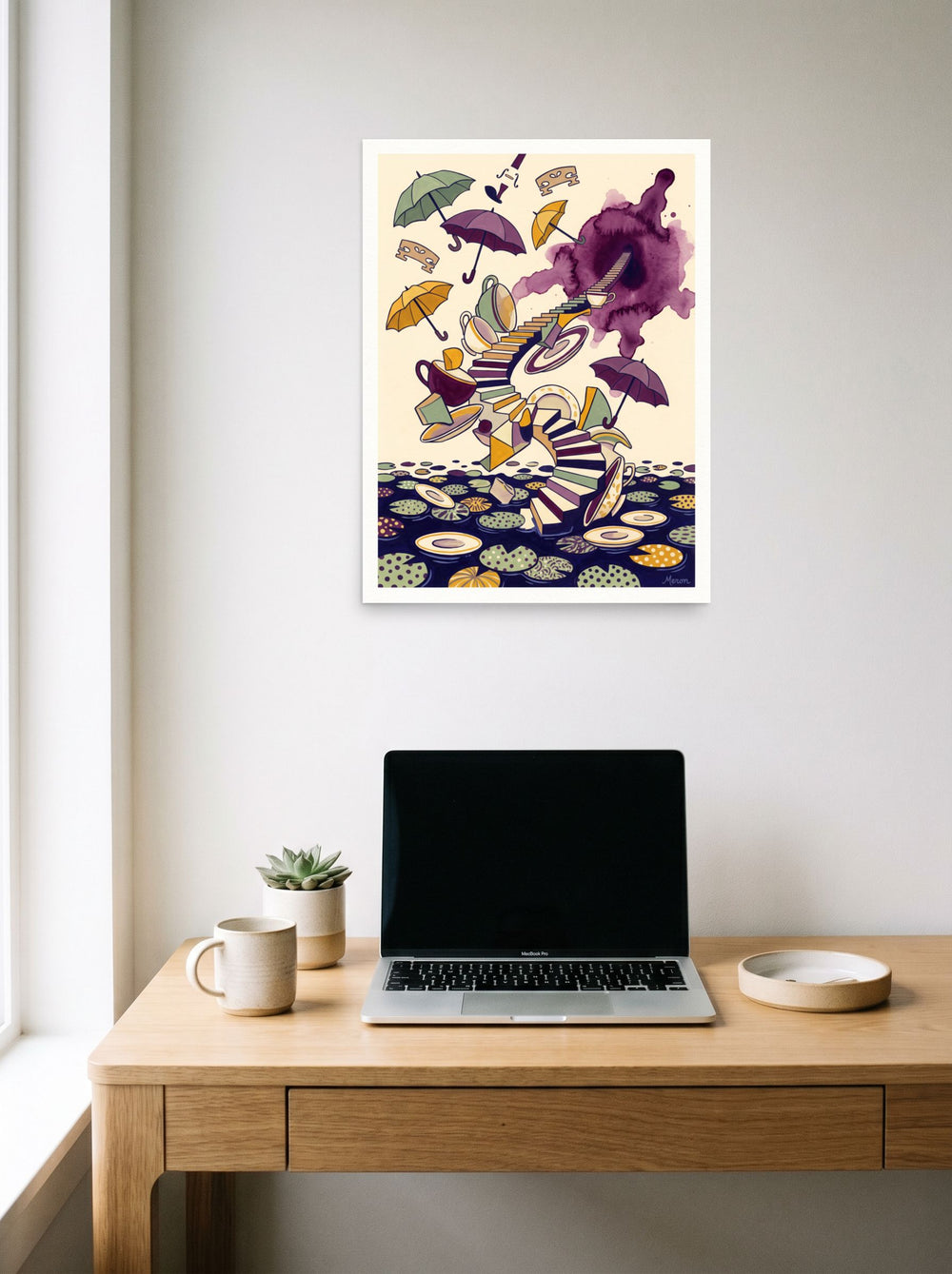 See 'Tea Time Portal' as a unframed paper print (18x24 inch), styled above a home-office workspace.