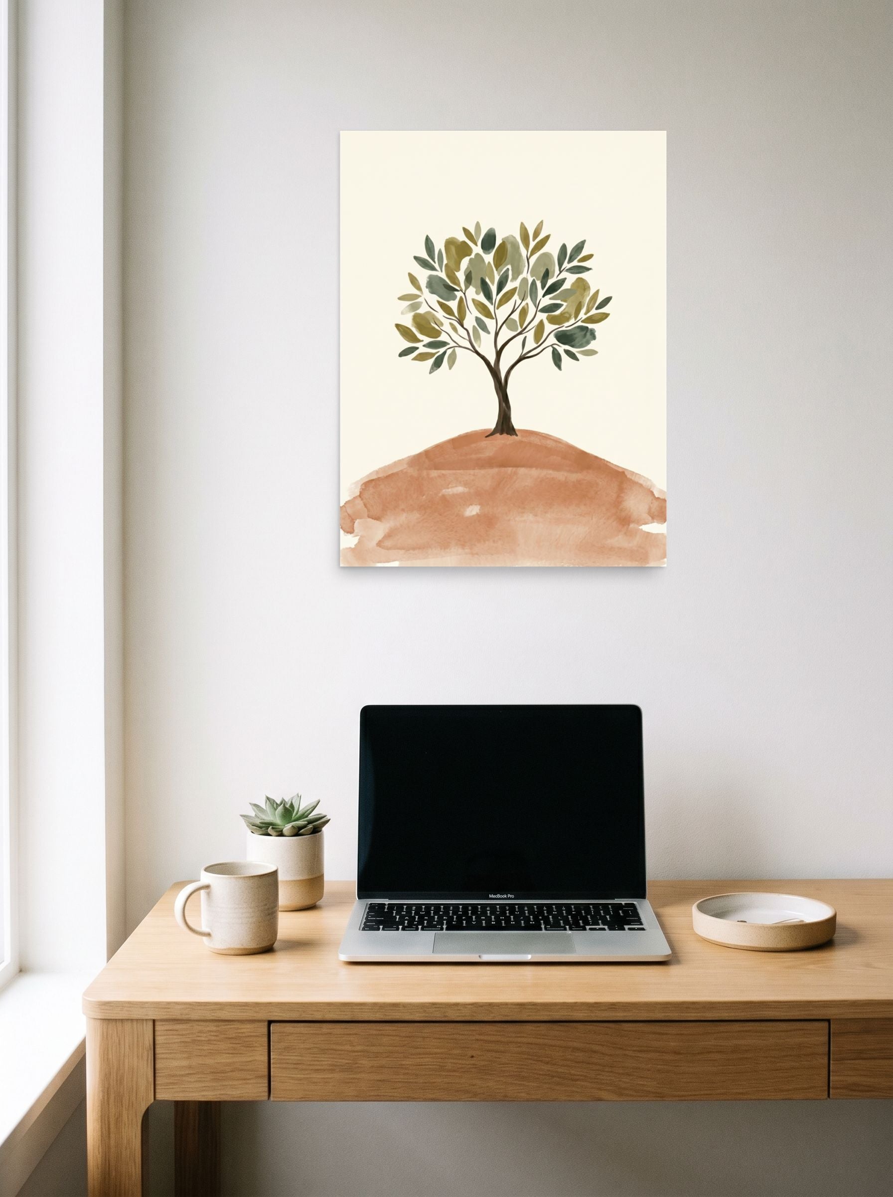 A 18x24 inch unframed paper Minimalism print of 'Solitary Olive Tree' hanging above a worktable with a laptop.