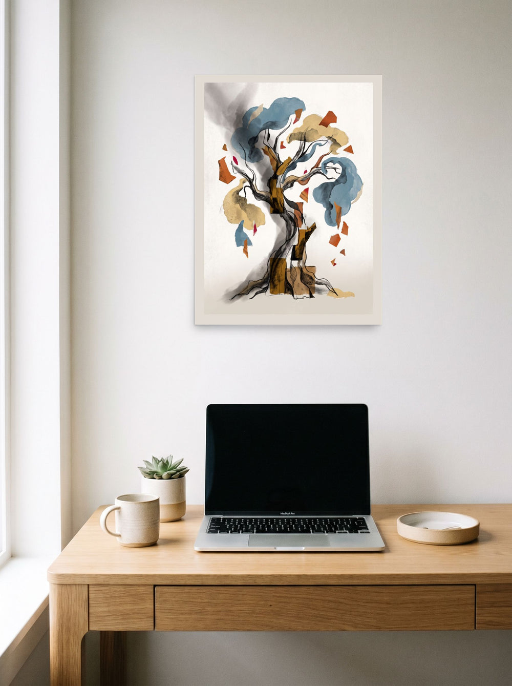 'Tree of Fragments', a Dau-al-Set print styled above a home-office workspace. Shown as unframed paper, 18x24 inch.