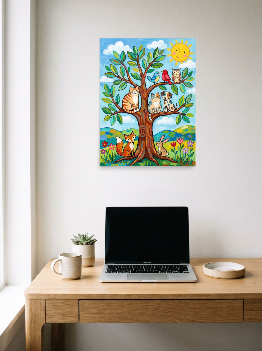 A 18x24 inch unframed paper Naive art print of 'Friends In The Sunlit Tree' hanging above a worktable with a laptop.