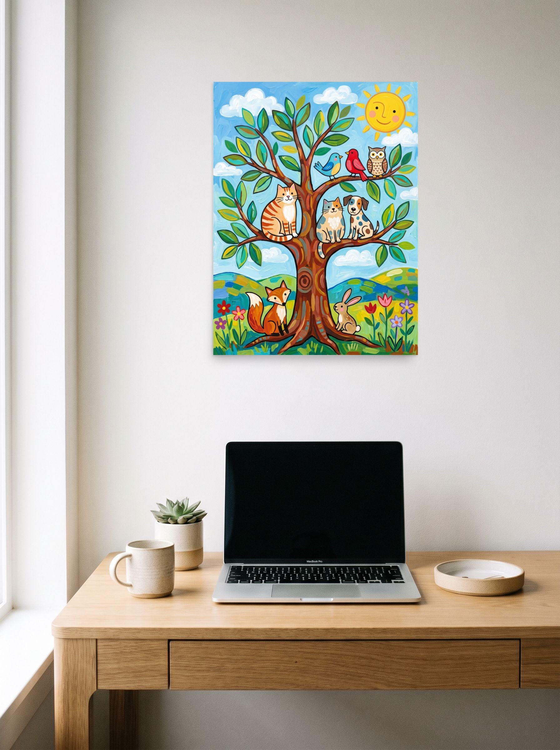 A 18x24 inch unframed paper Naive art print of 'Friends In The Sunlit Tree' hanging above a worktable with a laptop.