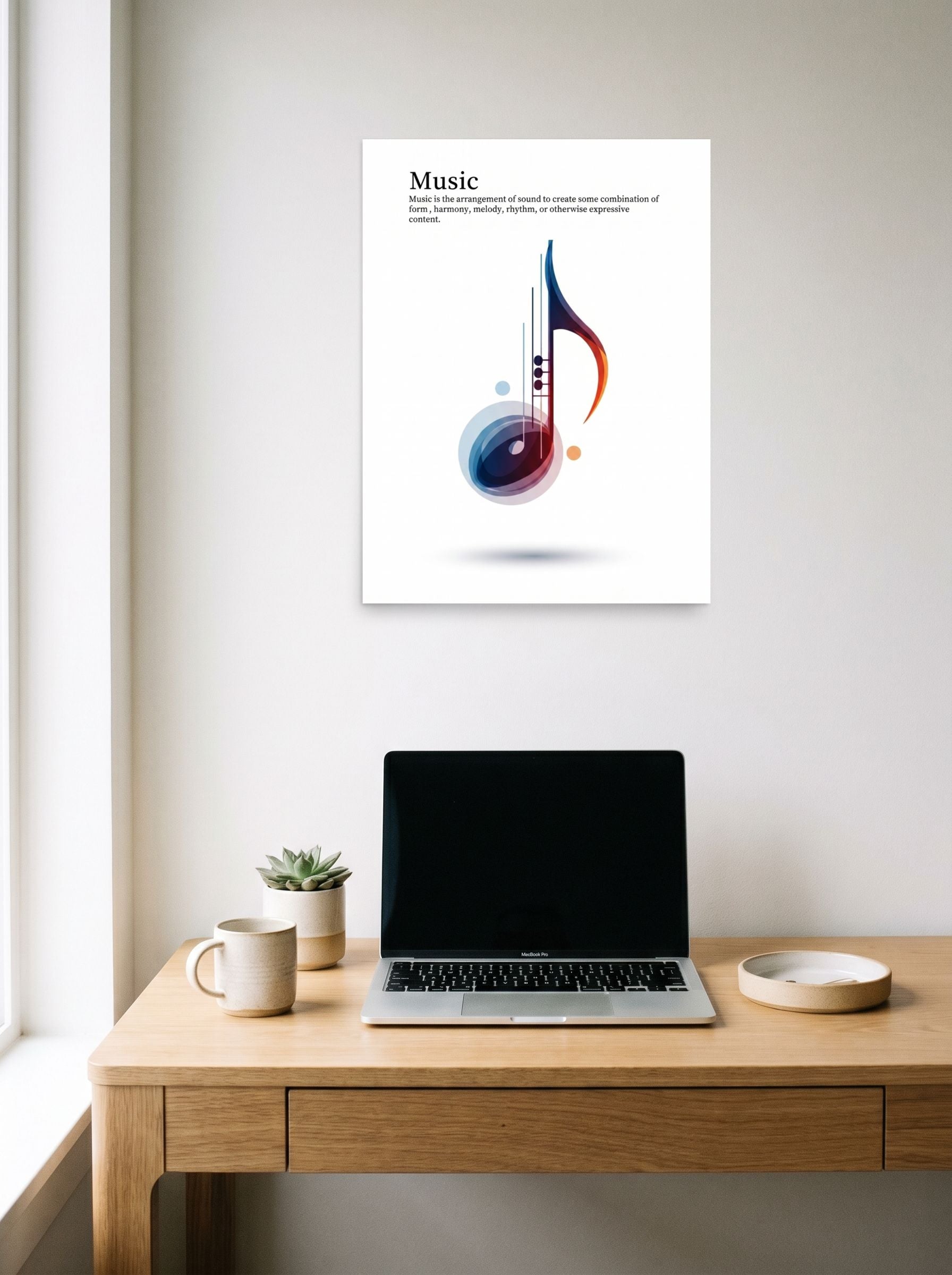 A 18x24 inch unframed paper Abstract art,Pop art print of 'The Color of Music' hanging above a worktable with a laptop.