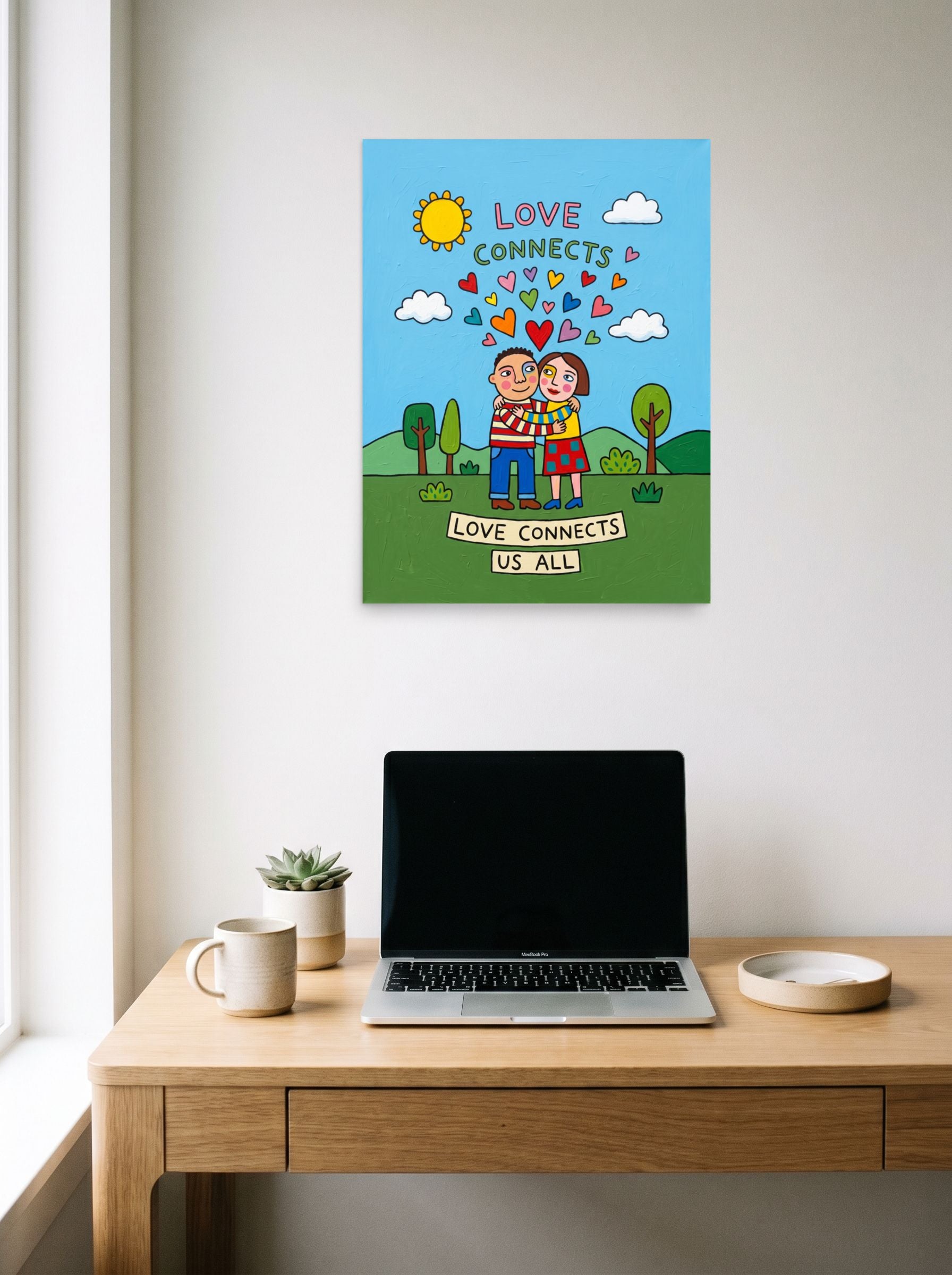 A 18x24 inch unframed paper Naive art print of 'Love Connects Us All' hanging above a worktable with a laptop.