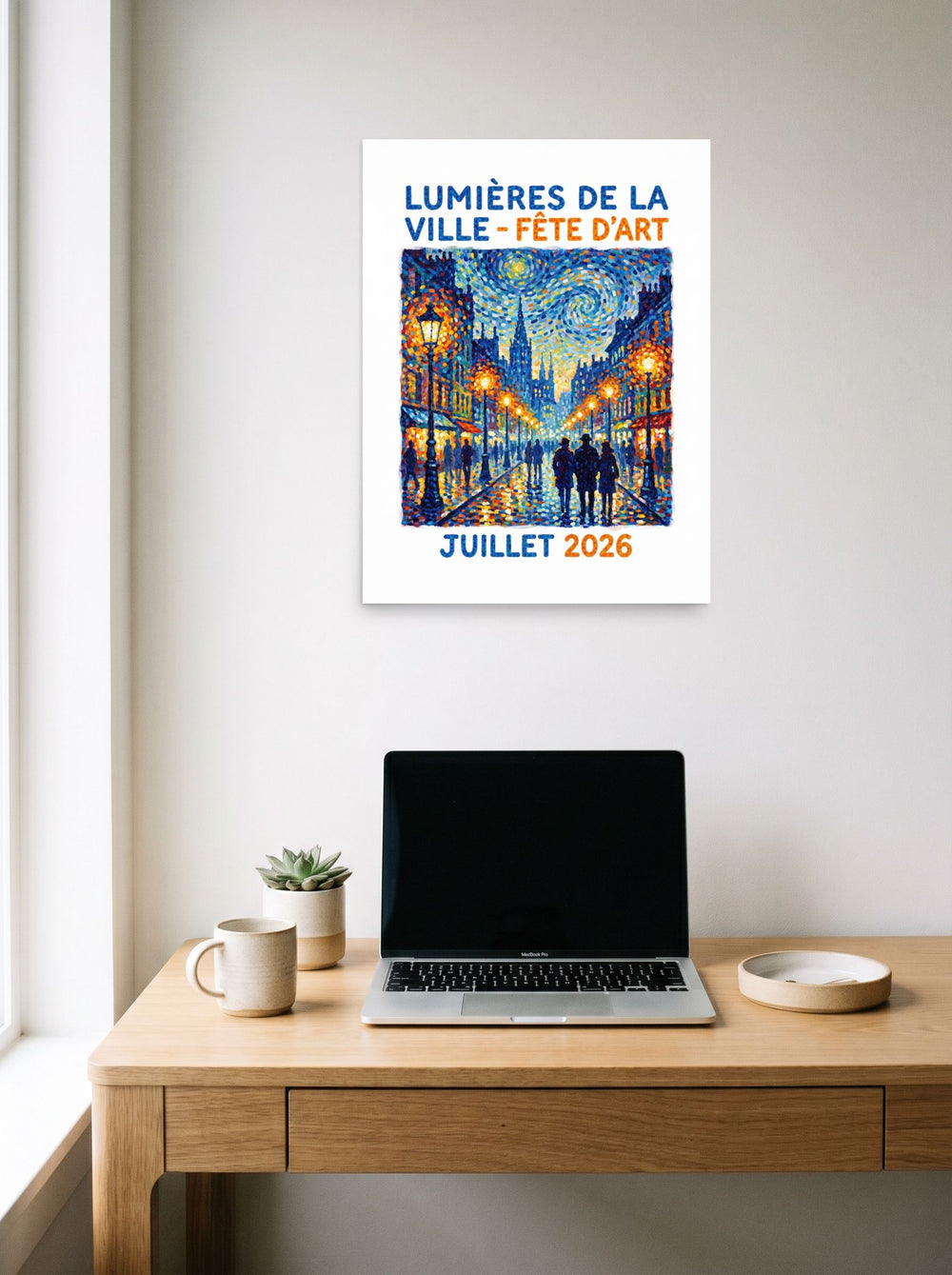 The unframed paper print 'City Lights Art Festival Poster' displayed over a compact desk setup, shown at 18x24 inch.