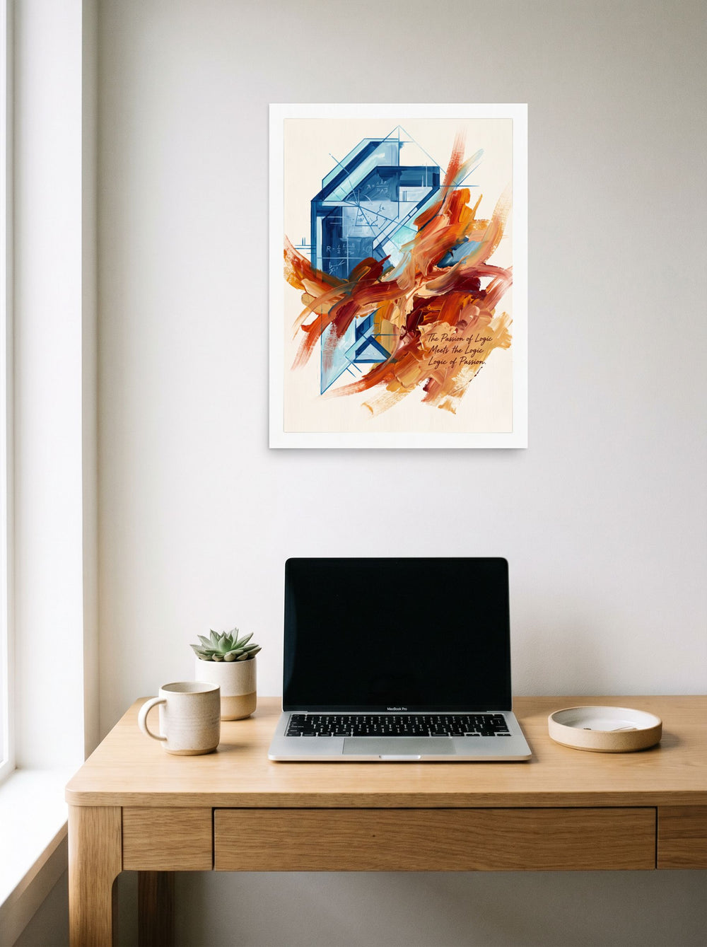 The Lyco art print 'The Passion of Logic', 18x24 inch unframed paper, styled above a home-office workspace.