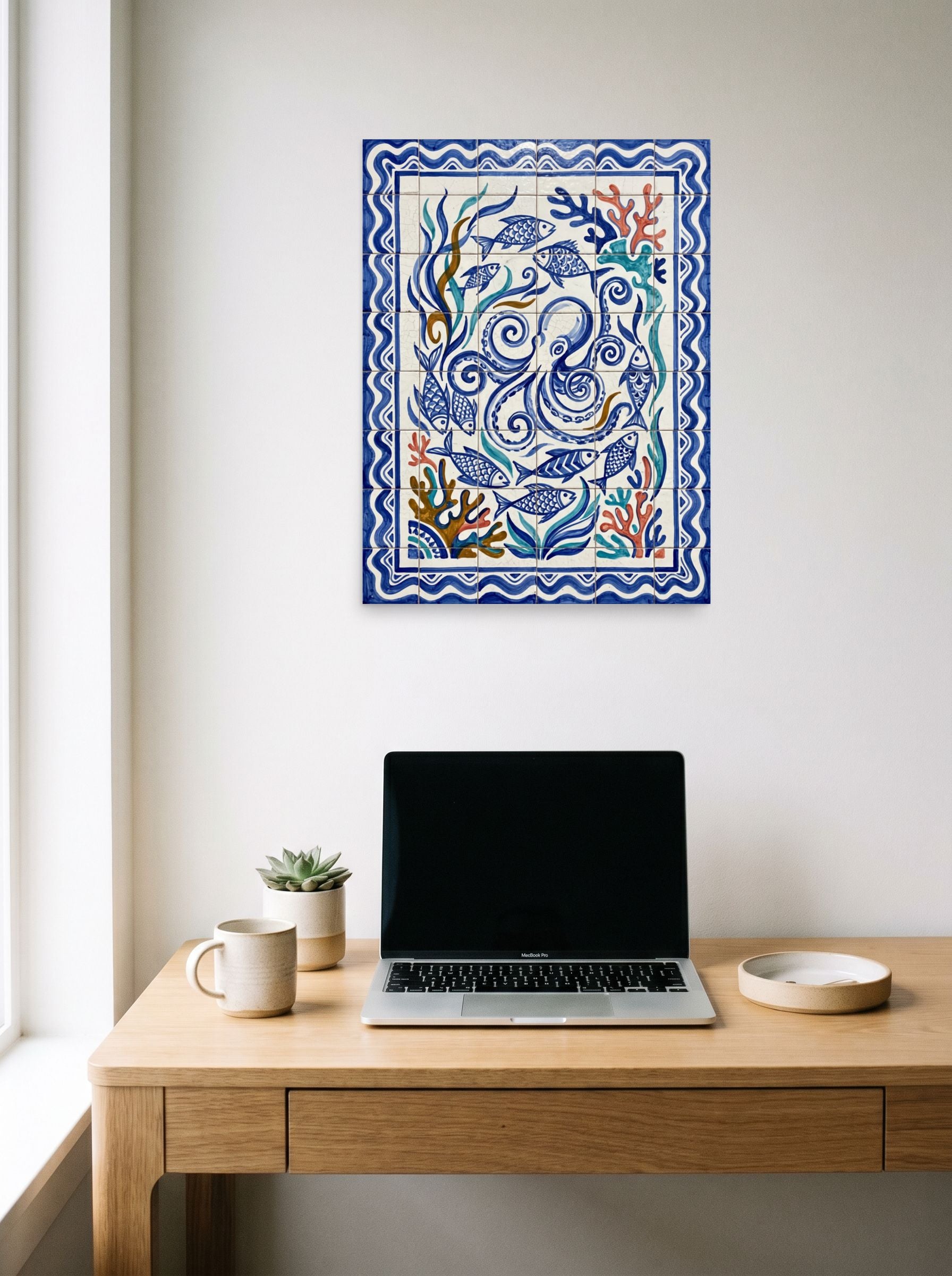 A 18x24 inch unframed paper Folk art print of 'Oceanic Swirl' hanging above a worktable with a laptop.