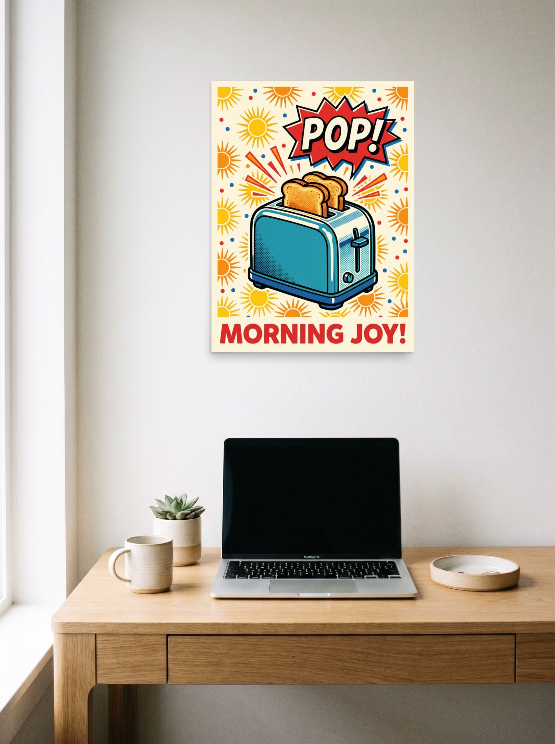 A 18x24 inch unframed paper Pop art print of 'Morning Joy Toaster' hanging above a worktable with a laptop.