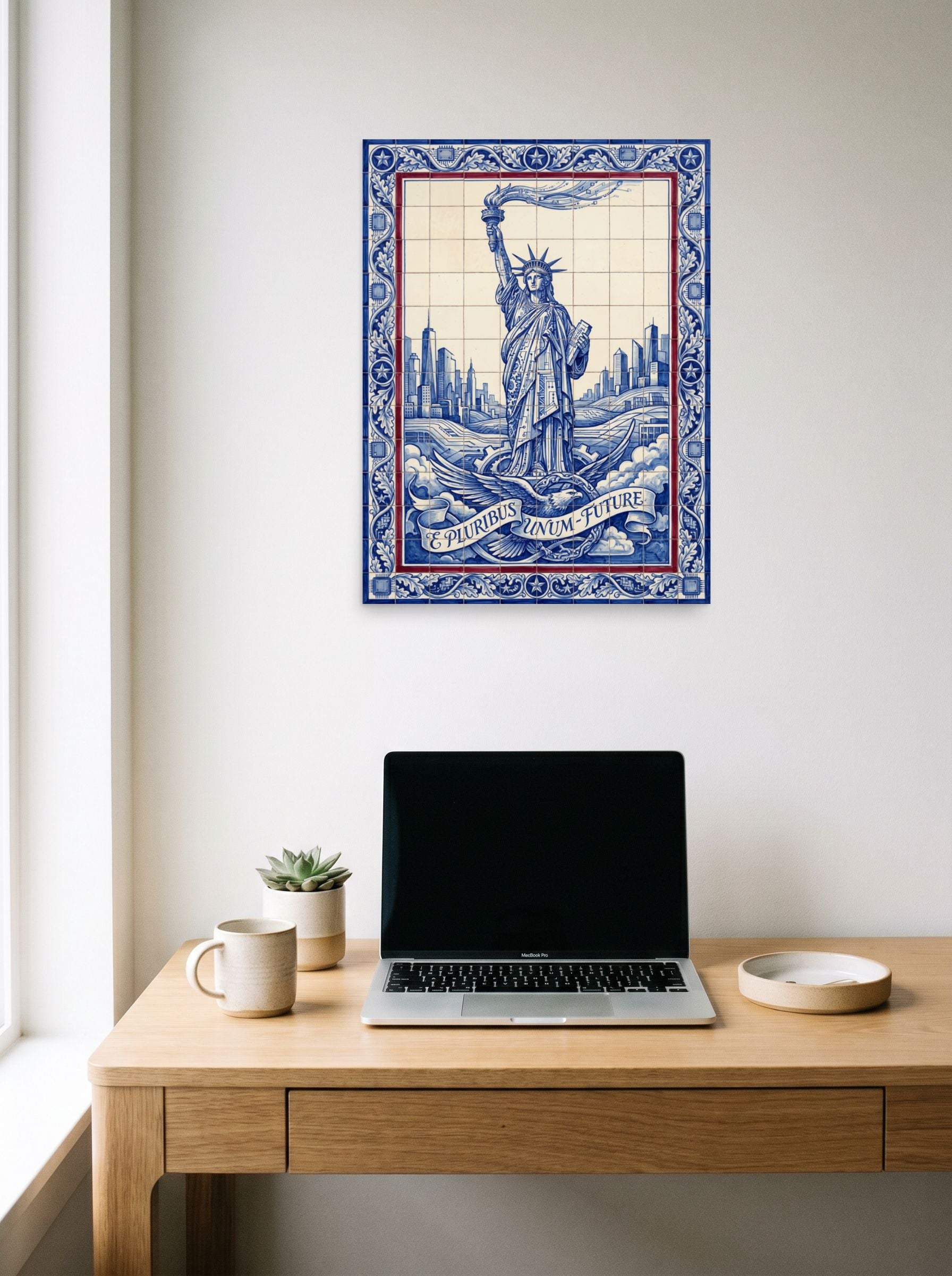 A 18x24 inch unframed paper Retrofuturism print of 'Lady Liberty's Data Stream' hanging above a worktable with a laptop.