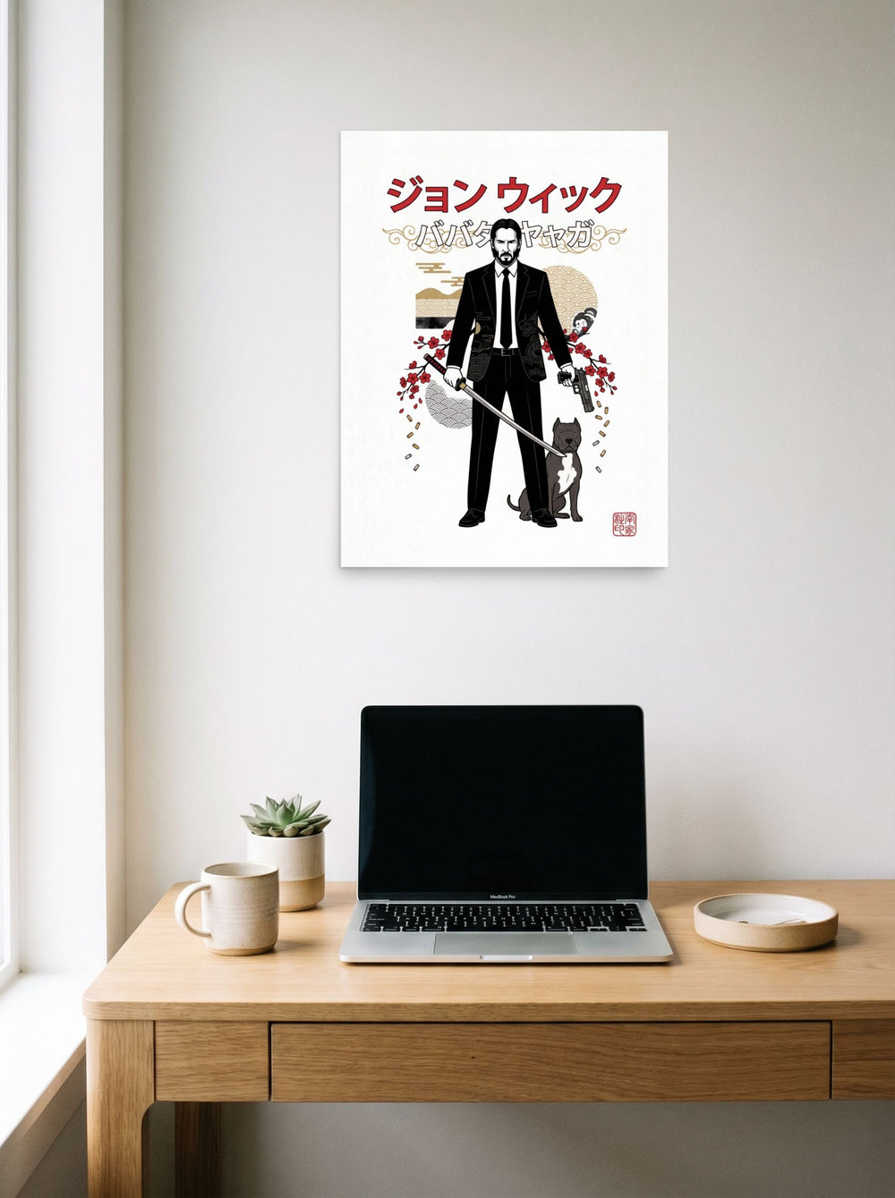 A 18x24 inch unframed paper Pop art,Japanese art print of 'The Baba Yaga' hanging above a worktable with a laptop.