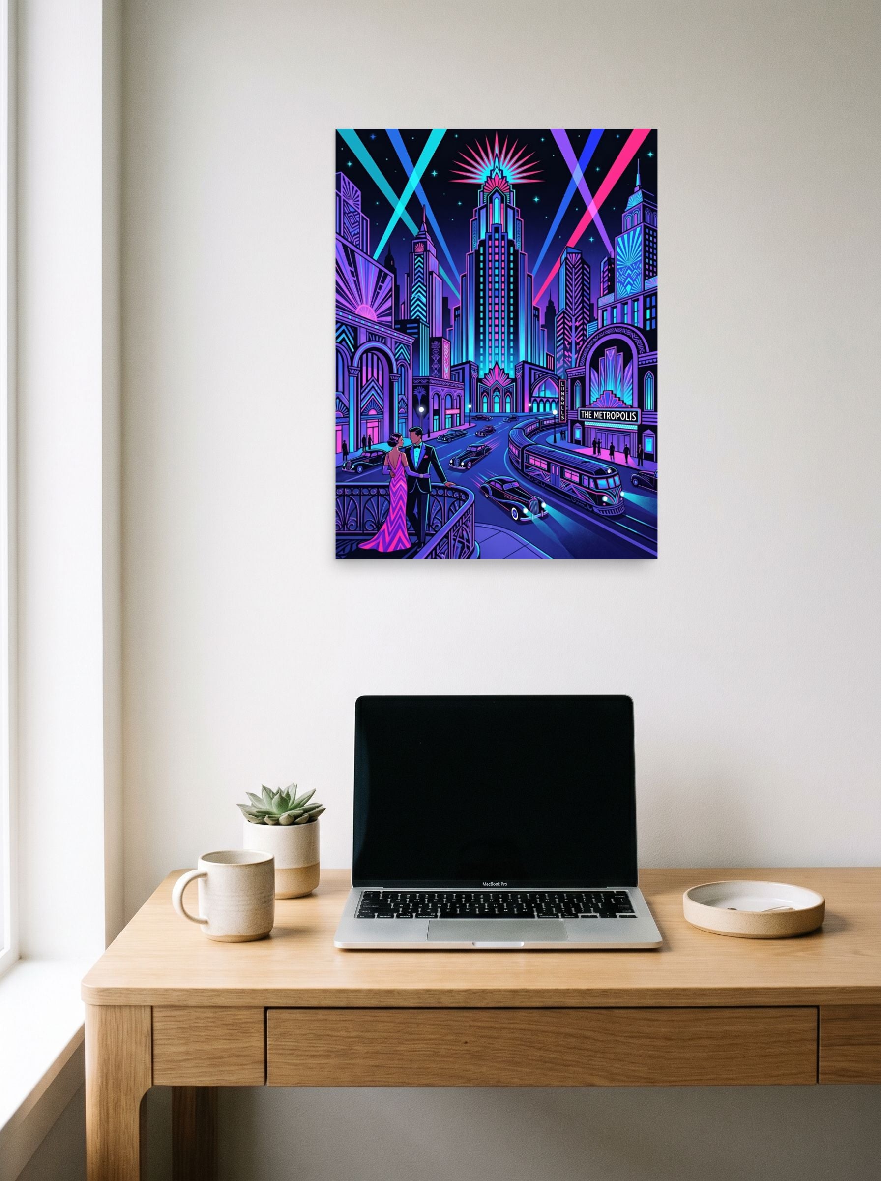 A 18x24 inch unframed paper Art Deco print of 'Neon Nights at The Metropolis' hanging above a worktable with a laptop.
