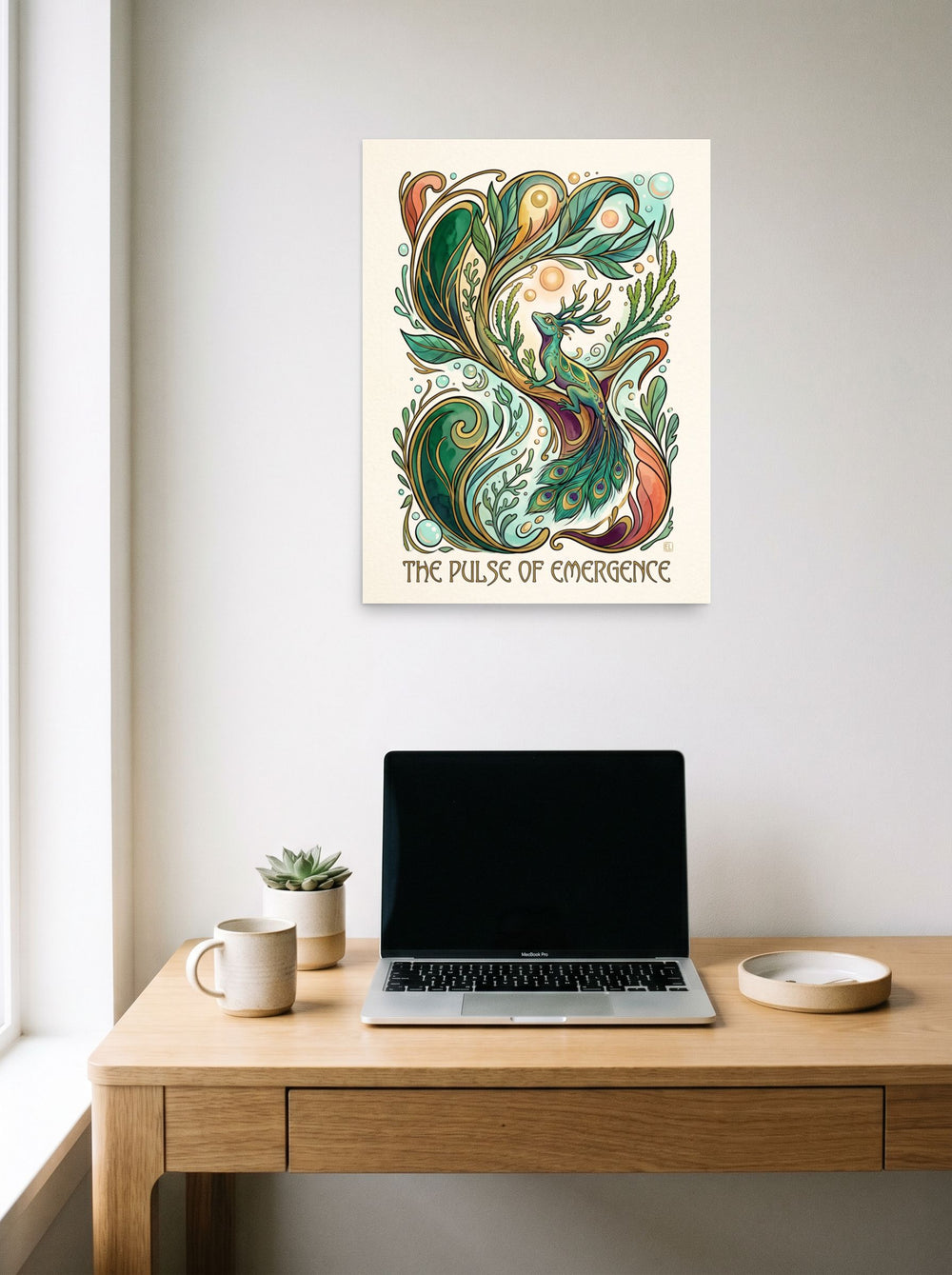 A 18x24 inch unframed paper version of 'The Pulse of Emergence', Lyco art wall art, styled above a home-office workspace.