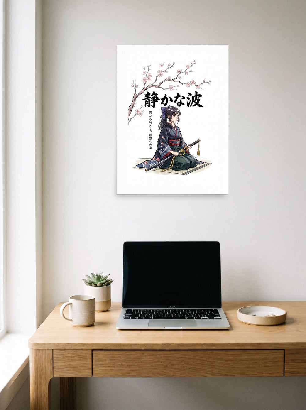 A 18x24 inch unframed paper Shin hanga print of 'Quiet Resolve' hanging above a worktable with a laptop.