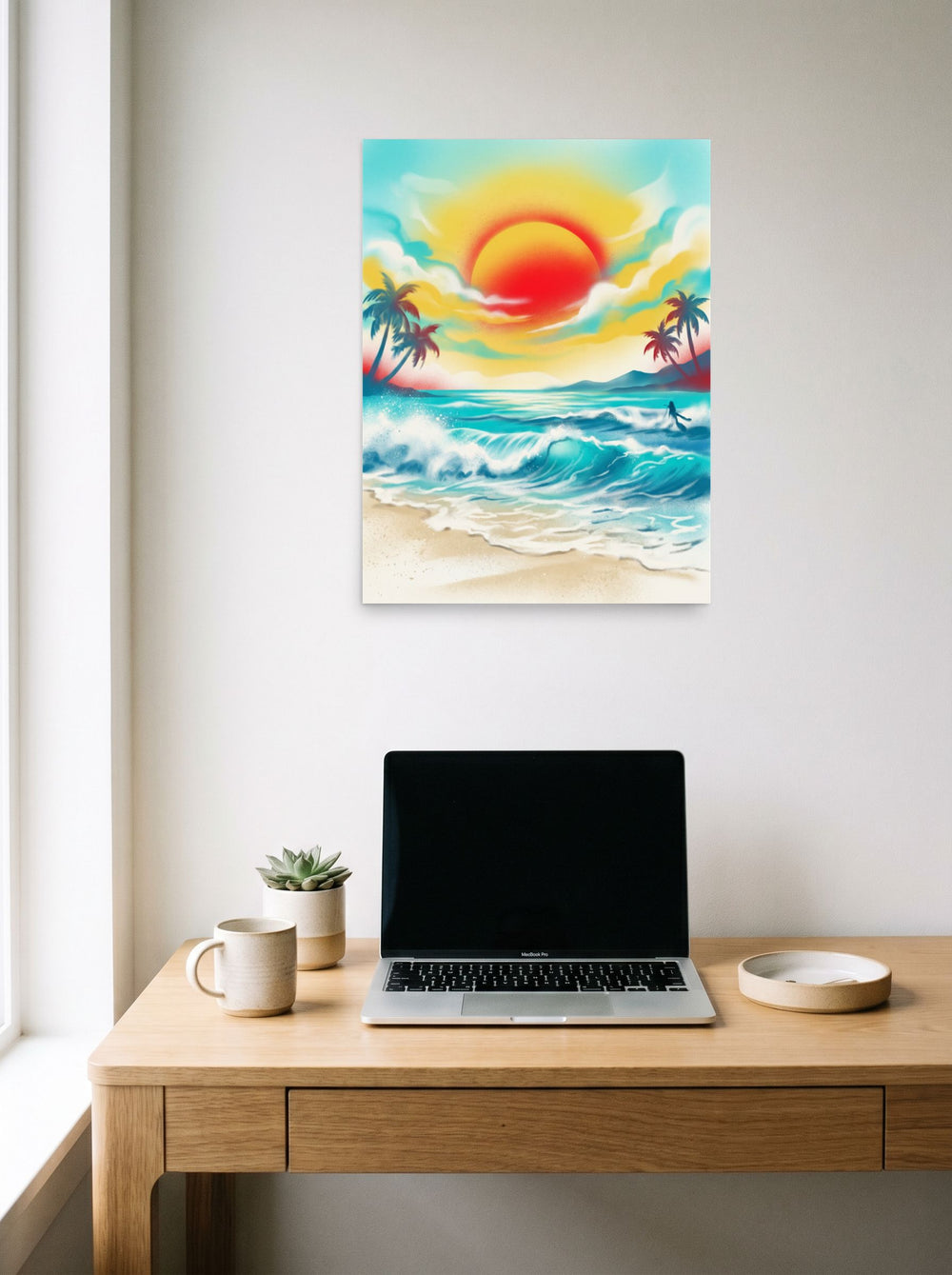 A 18x24 inch unframed paper Pop art print of 'Tropical Sunburst' hanging above a worktable with a laptop.