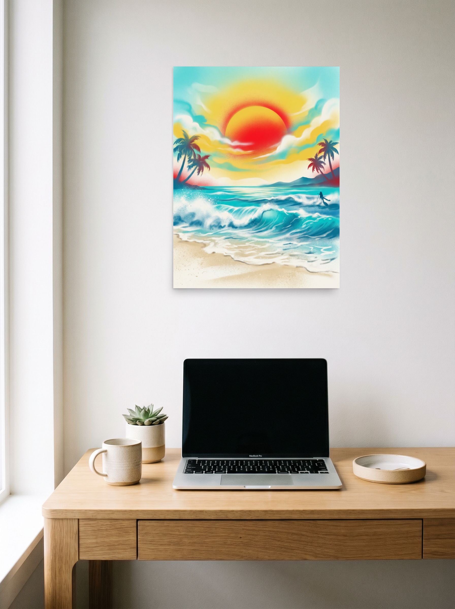 A 18x24 inch unframed paper Pop art print of 'Tropical Sunburst' hanging above a worktable with a laptop.