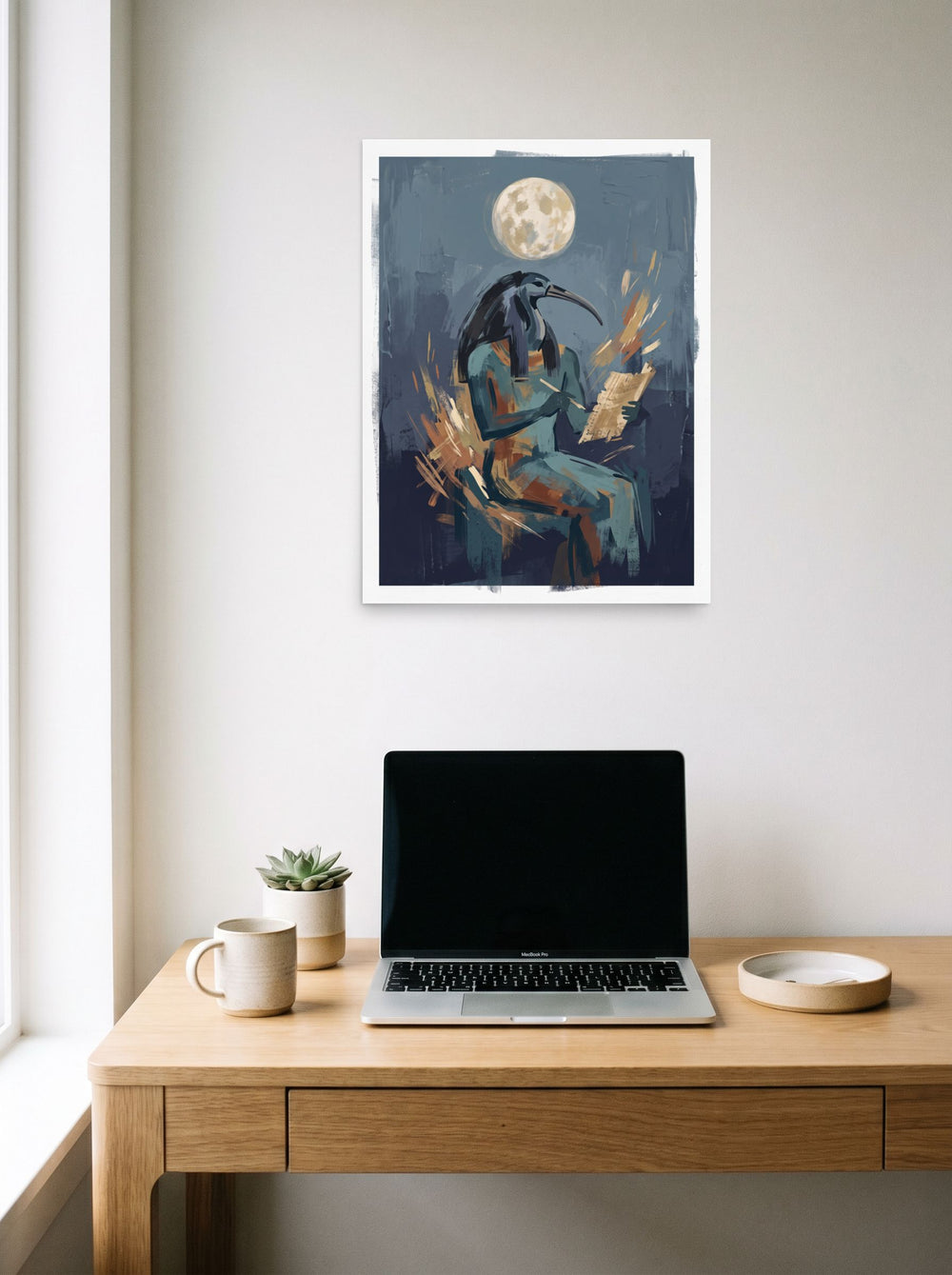 Mockup of 'The Scribe's Moonlight' as a 18x24 inch unframed paper print, styled above a home-office workspace.