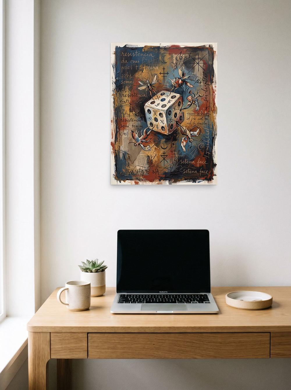 'The Seventh Face', a Dau-al-Set print styled above a home-office workspace. Shown as unframed paper, 18x24 inch.