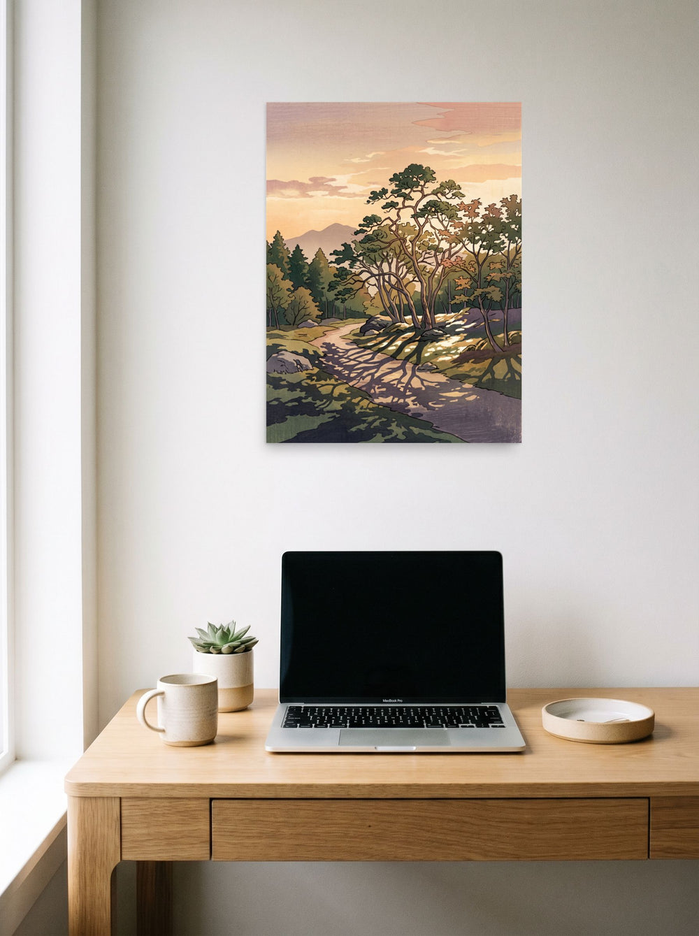 The unframed paper print 'Dappled Sunset Path' displayed over a compact desk setup, shown at 18x24 inch.