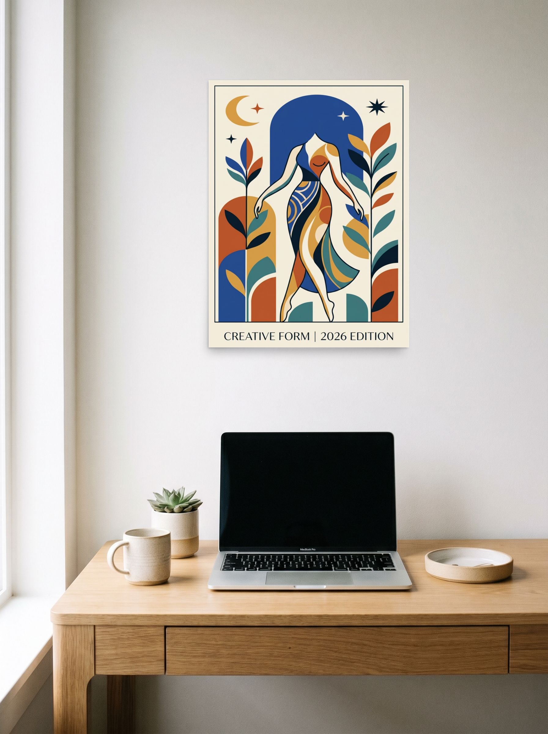 A 18x24 inch unframed paper Geometric abstract art,Modernism print of 'Creative Form Under the Stars' hanging above a worktable with a laptop.