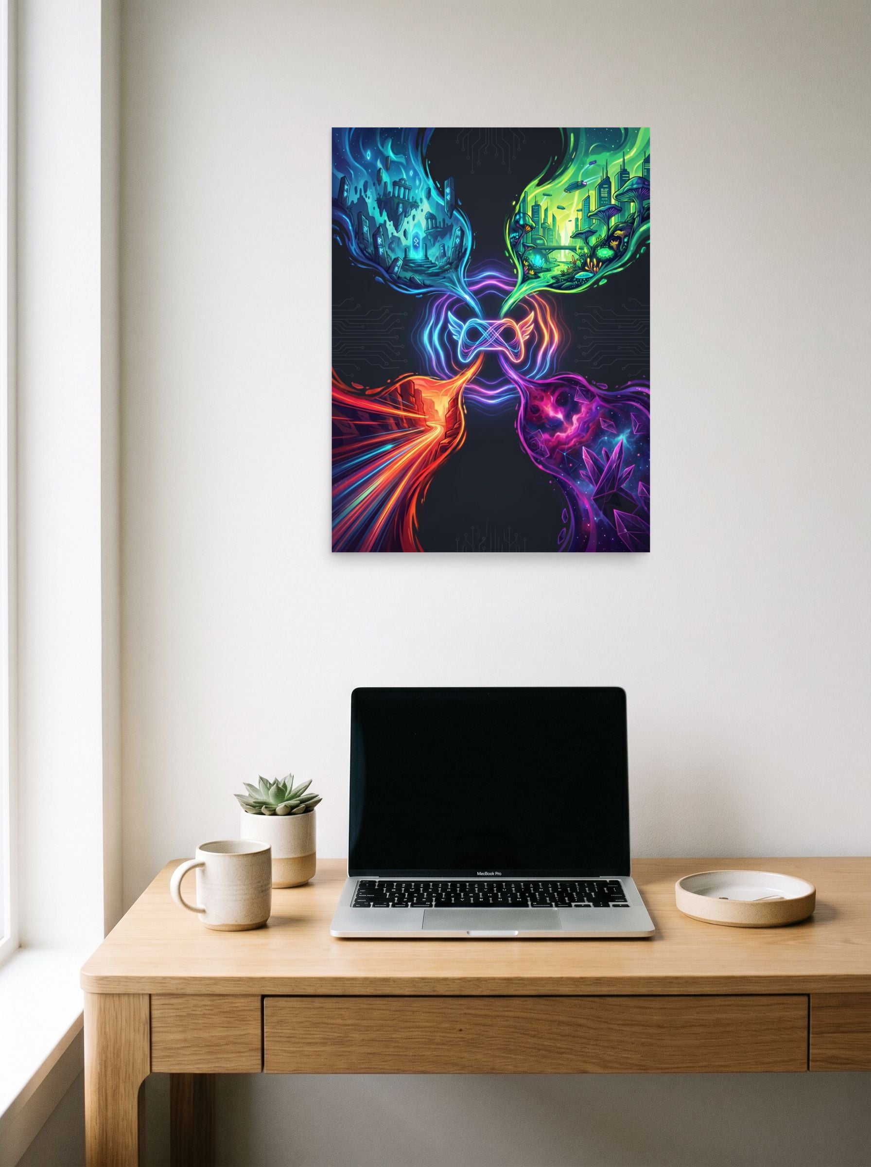 A 18x24 inch unframed paper Digital art,Surrealism print of 'Infinite Realms of Play' hanging above a worktable with a laptop.