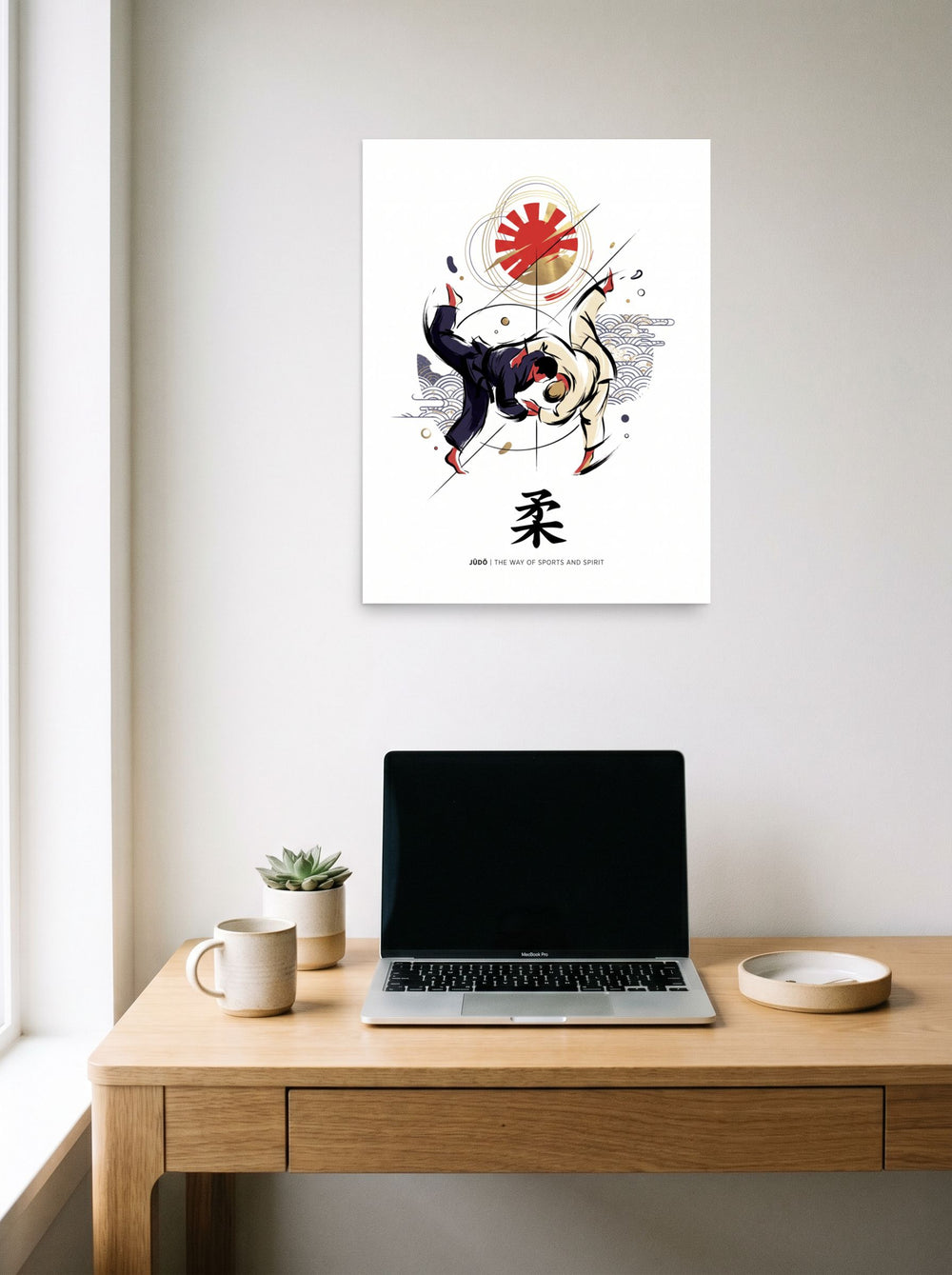 A 18x24 inch unframed paper Shin hanga print of 'Way of Judo' hanging above a worktable with a laptop.