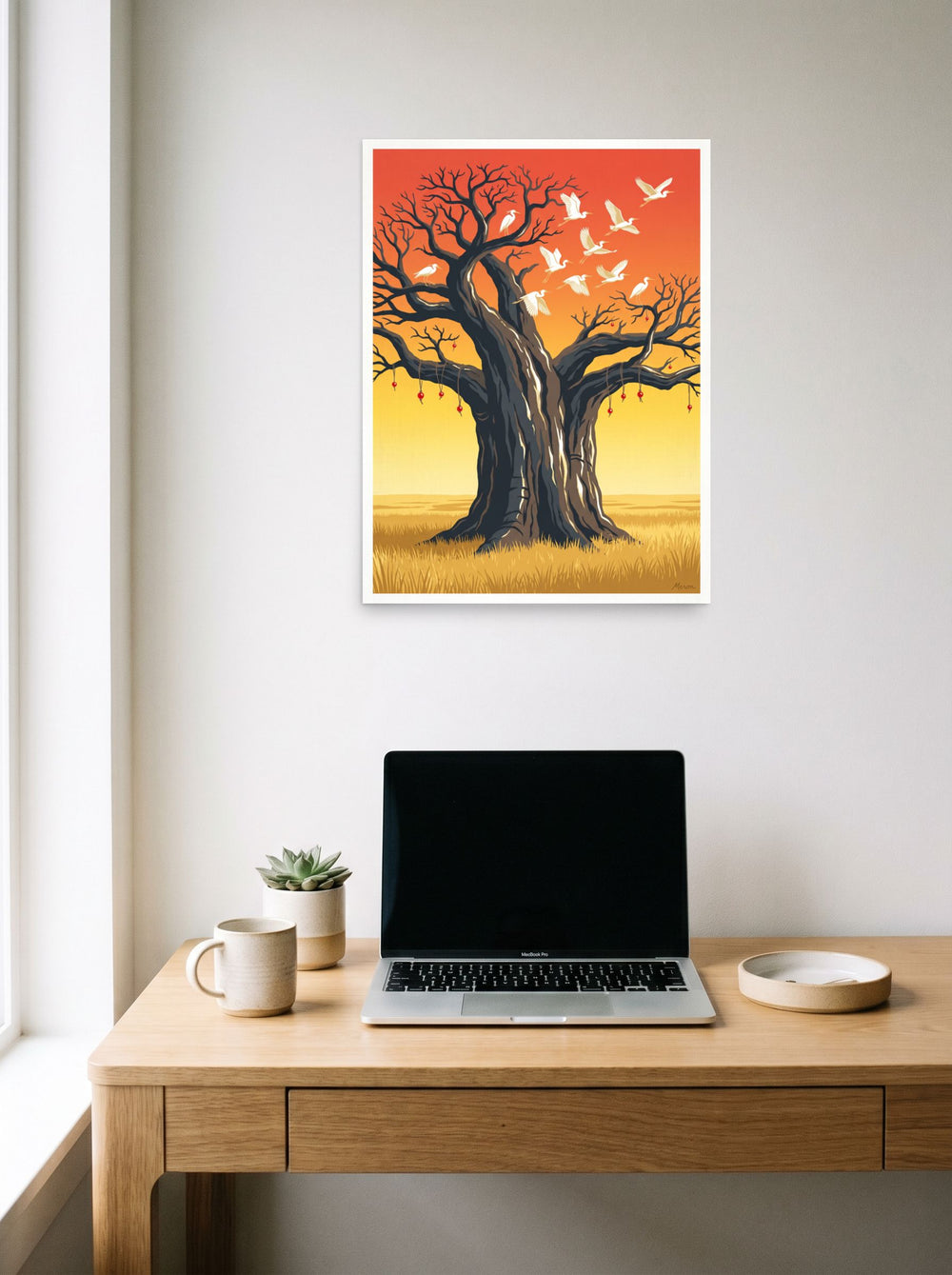 A 18x24 inch unframed paper Symbolism print of 'The Sacred Roost', displayed over a compact desk setup.