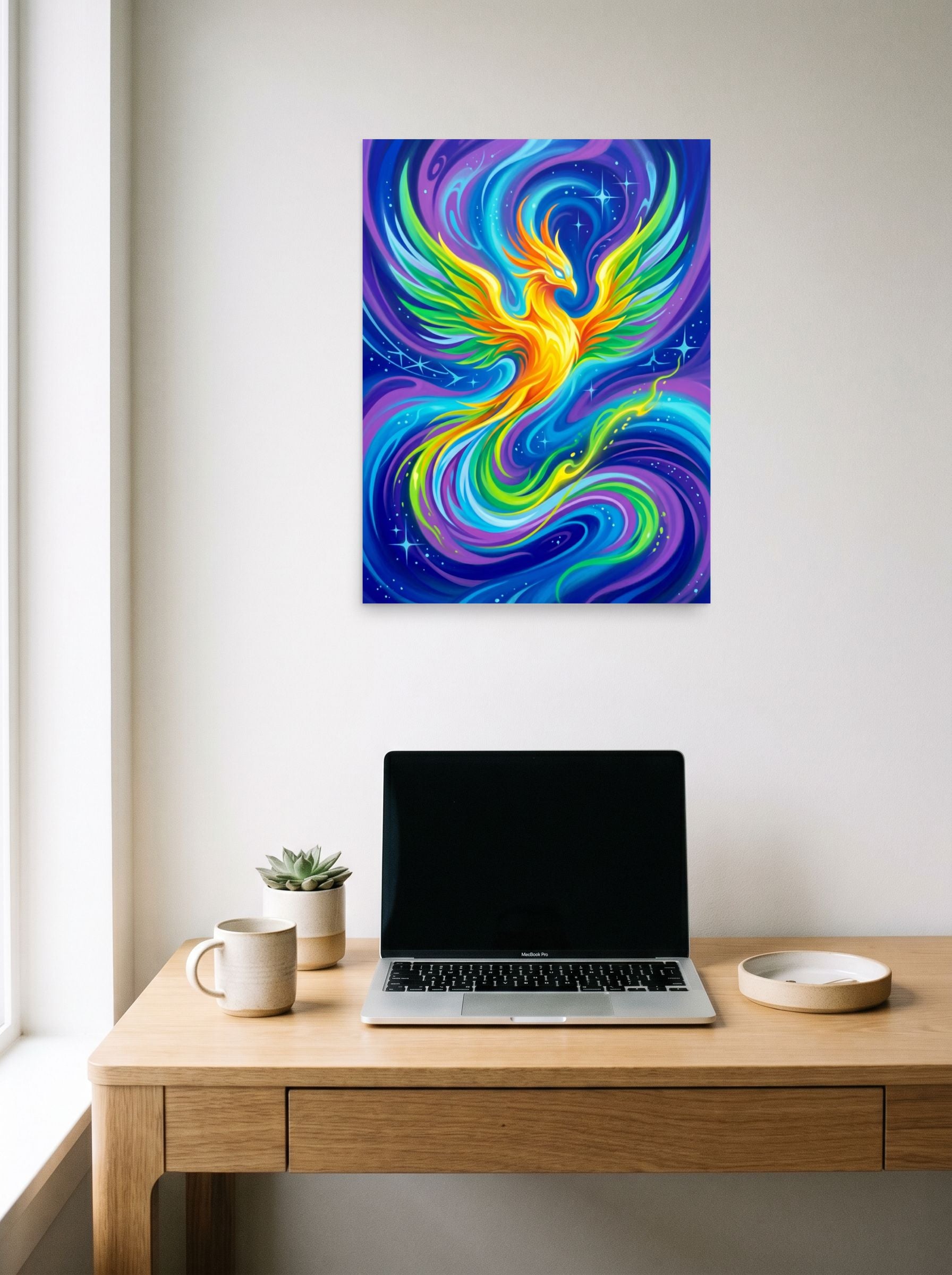 A 18x24 inch unframed paper Psychedelic art print of 'Neon Phoenix' hanging above a worktable with a laptop.