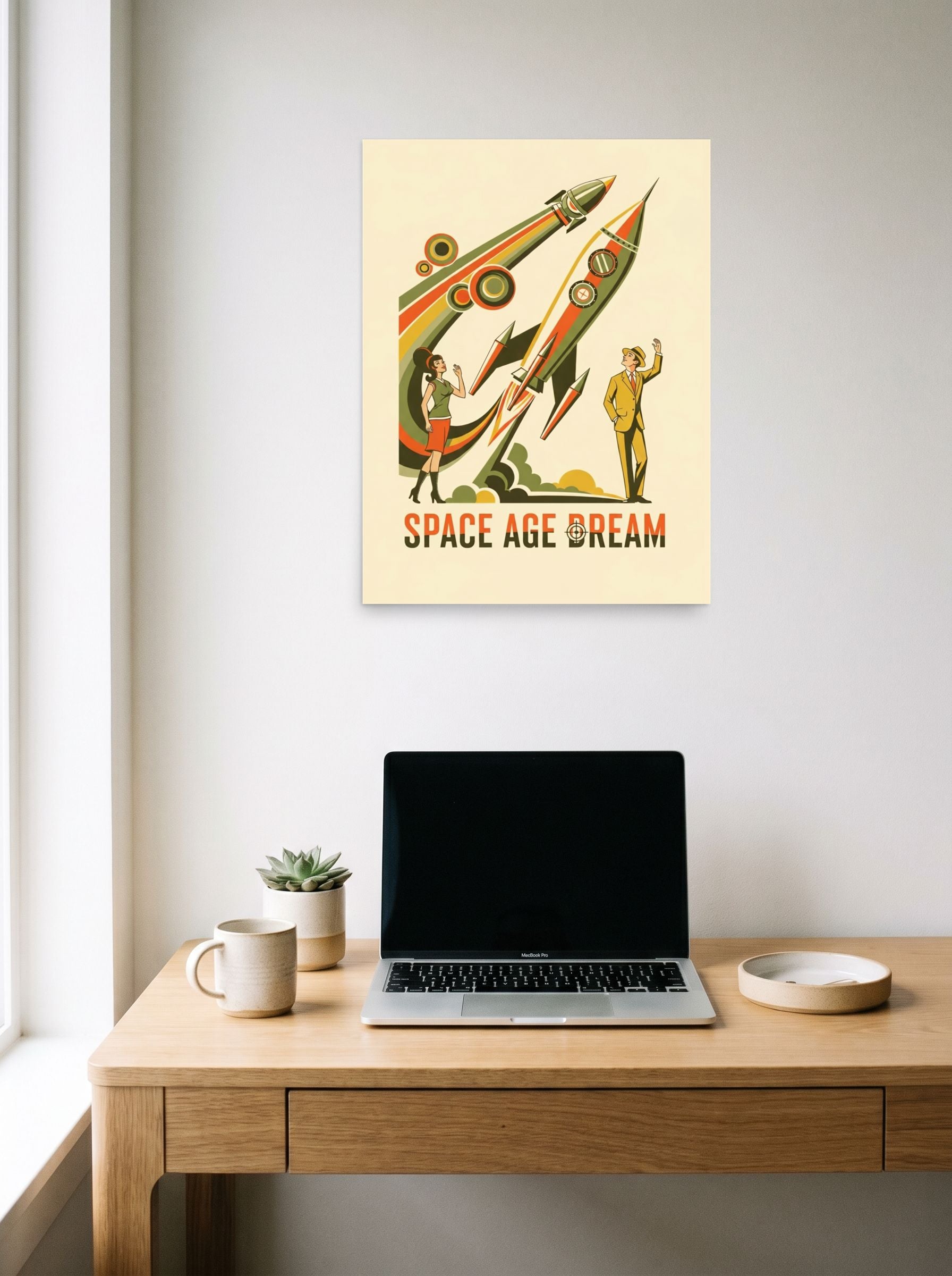A 18x24 inch unframed paper Retrofuturism,Pop art print of 'Space Age Dream' hanging above a worktable with a laptop.