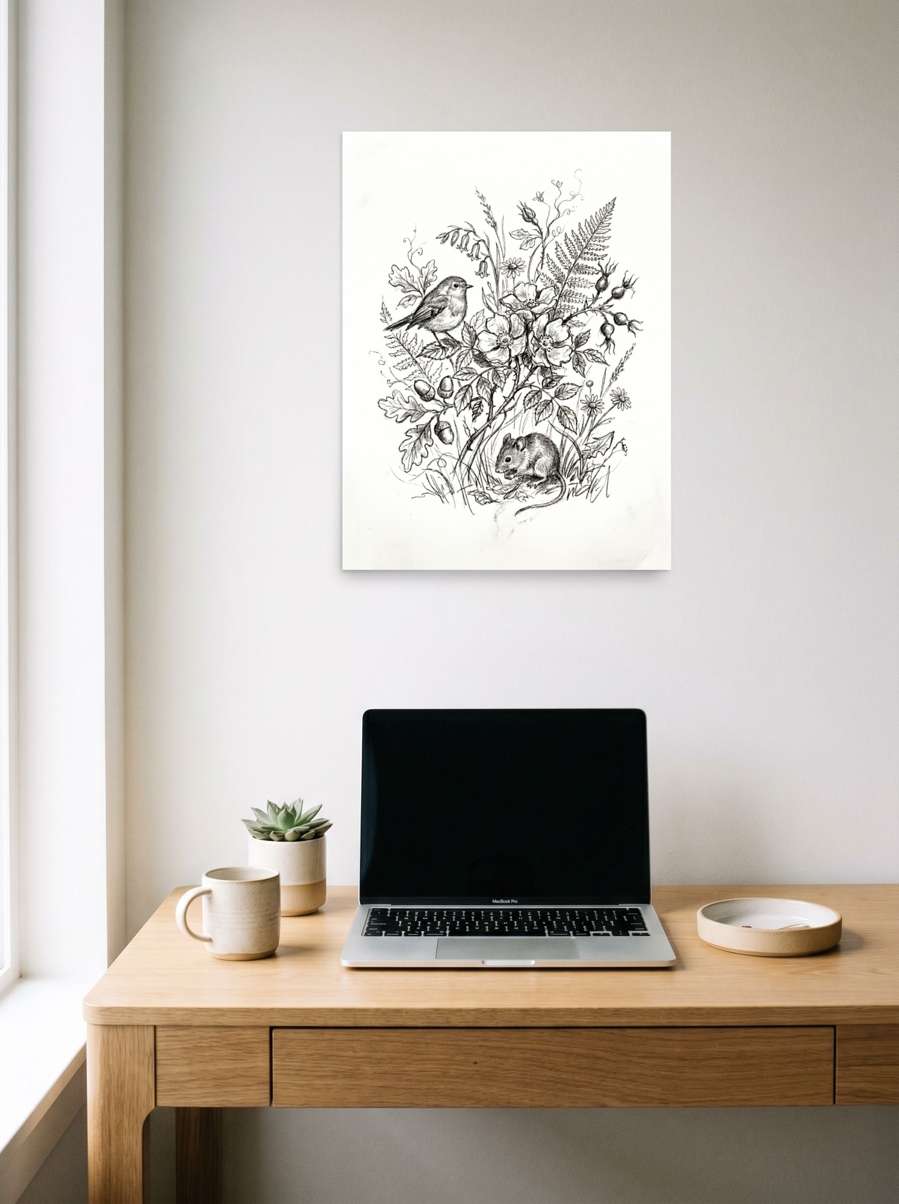 A 18x24 inch unframed paper Realism print of 'Forest Companions Sketch' hanging above a worktable with a laptop.