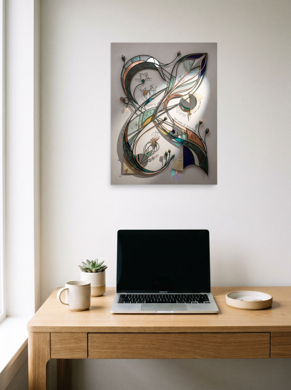 'The Shape of Intuition' in 18x24 inch unframed paper, hanging above a worktable with a laptop.