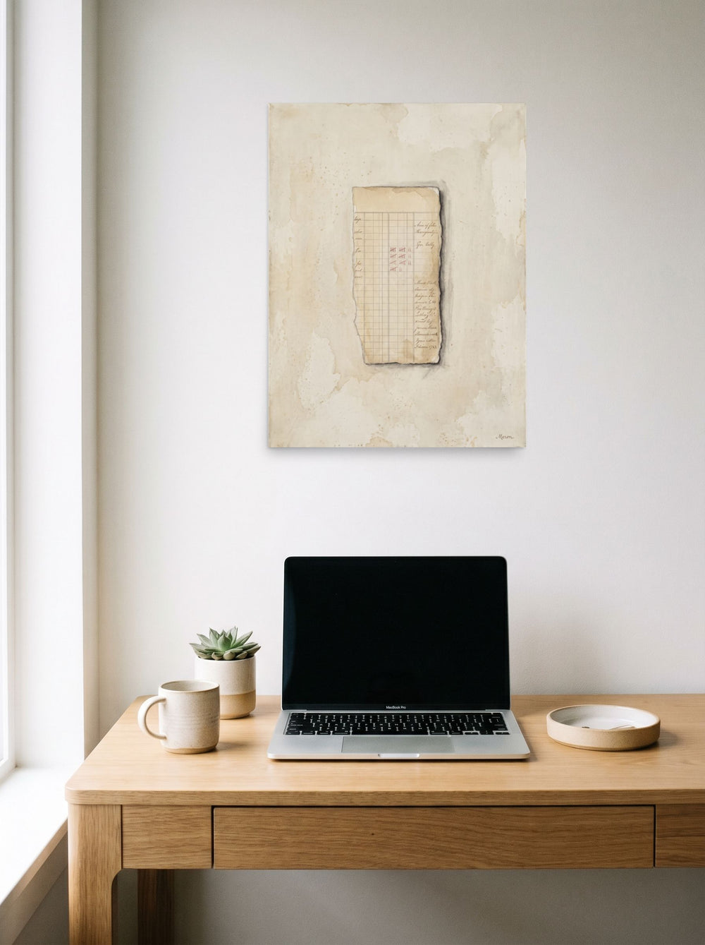 unframed paper wall art 'Silent Ledger' styled above a home-office workspace, at 18x24 inch.