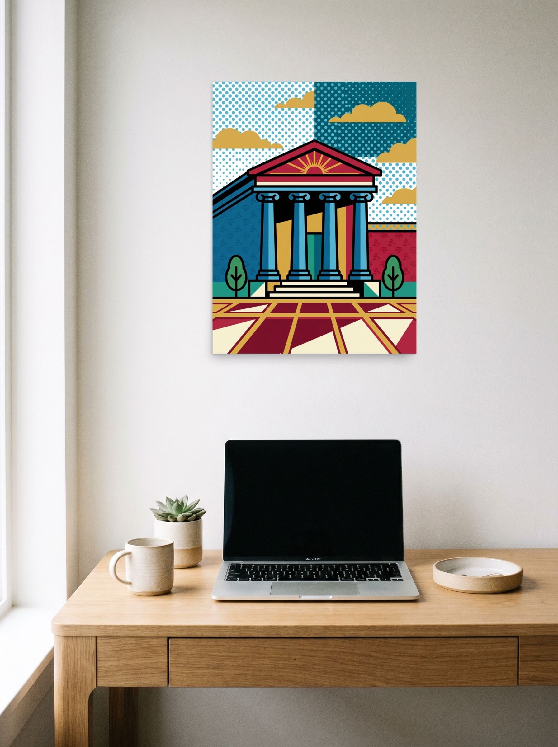 A 18x24 inch unframed paper Pop art print of 'Pop Art Courthouse' hanging above a worktable with a laptop.
