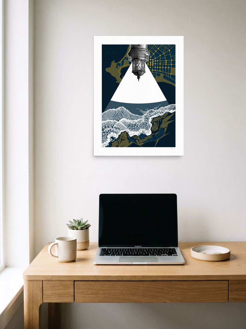 'Beacon Over the Breakers' as a unframed paper print, 18x24 inch, styled above a home-office workspace.