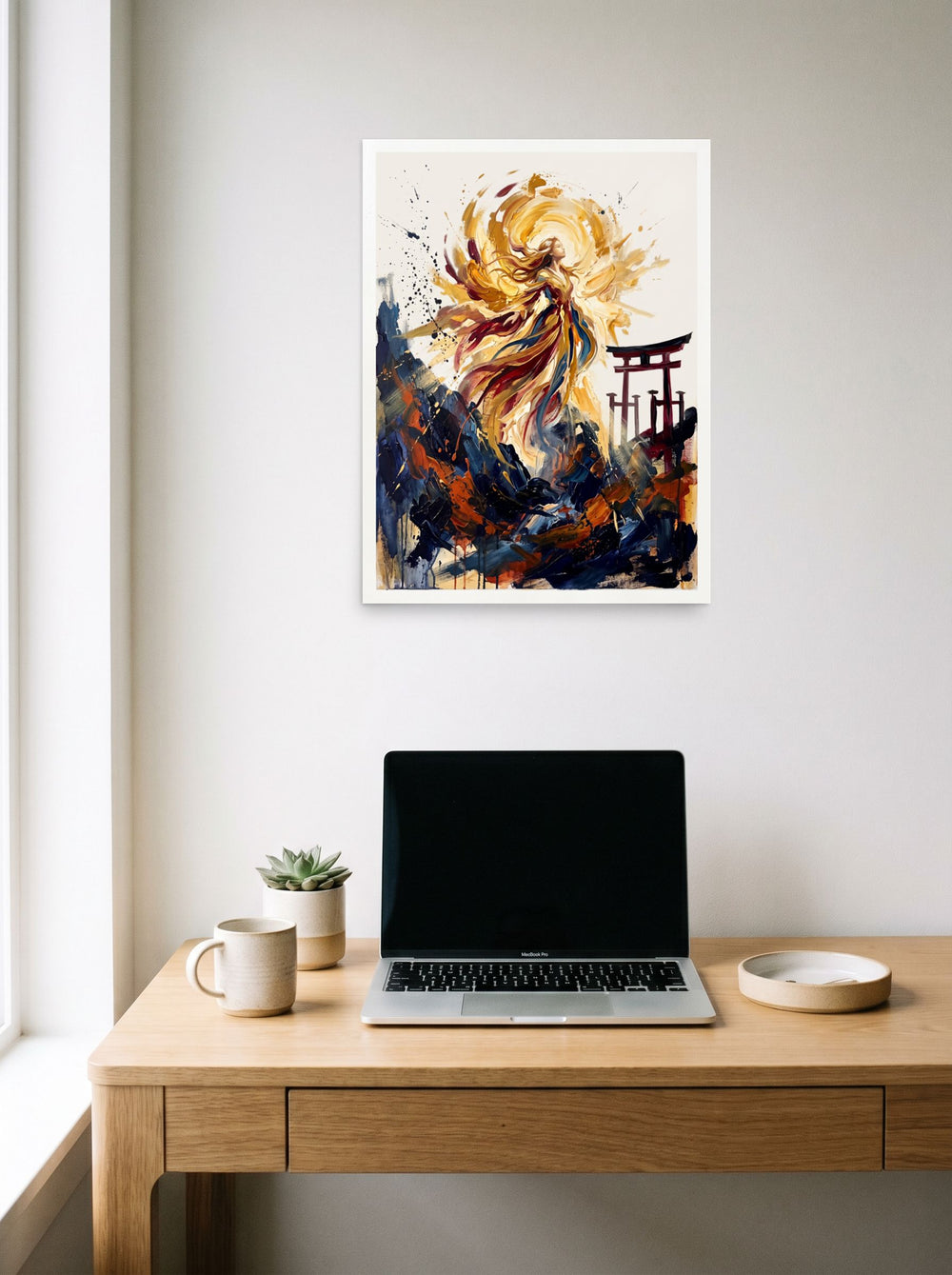 Expressionism wall art 'Amaterasu Awakening', unframed paper at 18x24 inch, hanging above a worktable with a laptop.