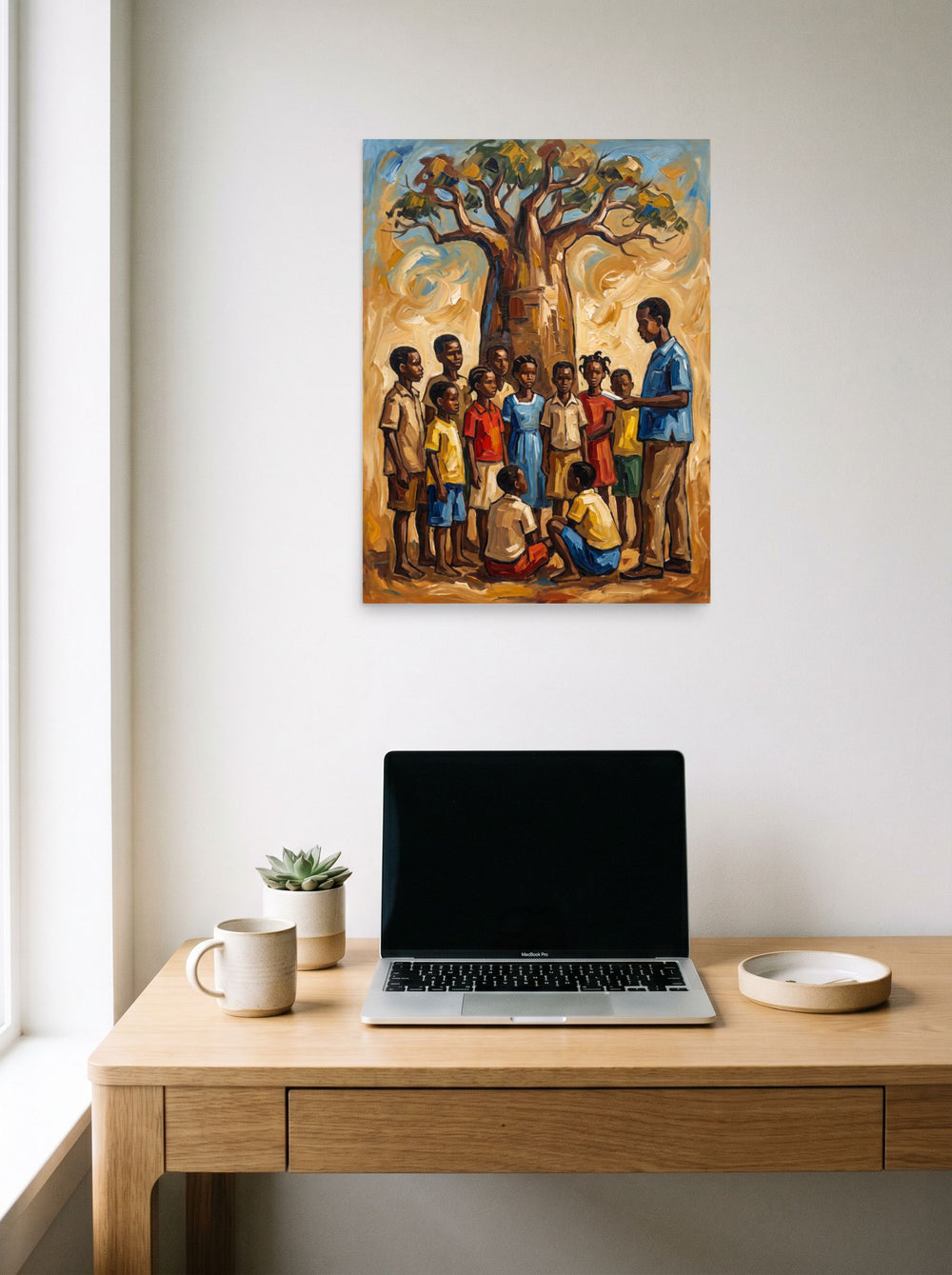 A 18x24 inch unframed paper Expressionism,Figurative art print of 'Baobab Lessons' hanging above a worktable with a laptop.