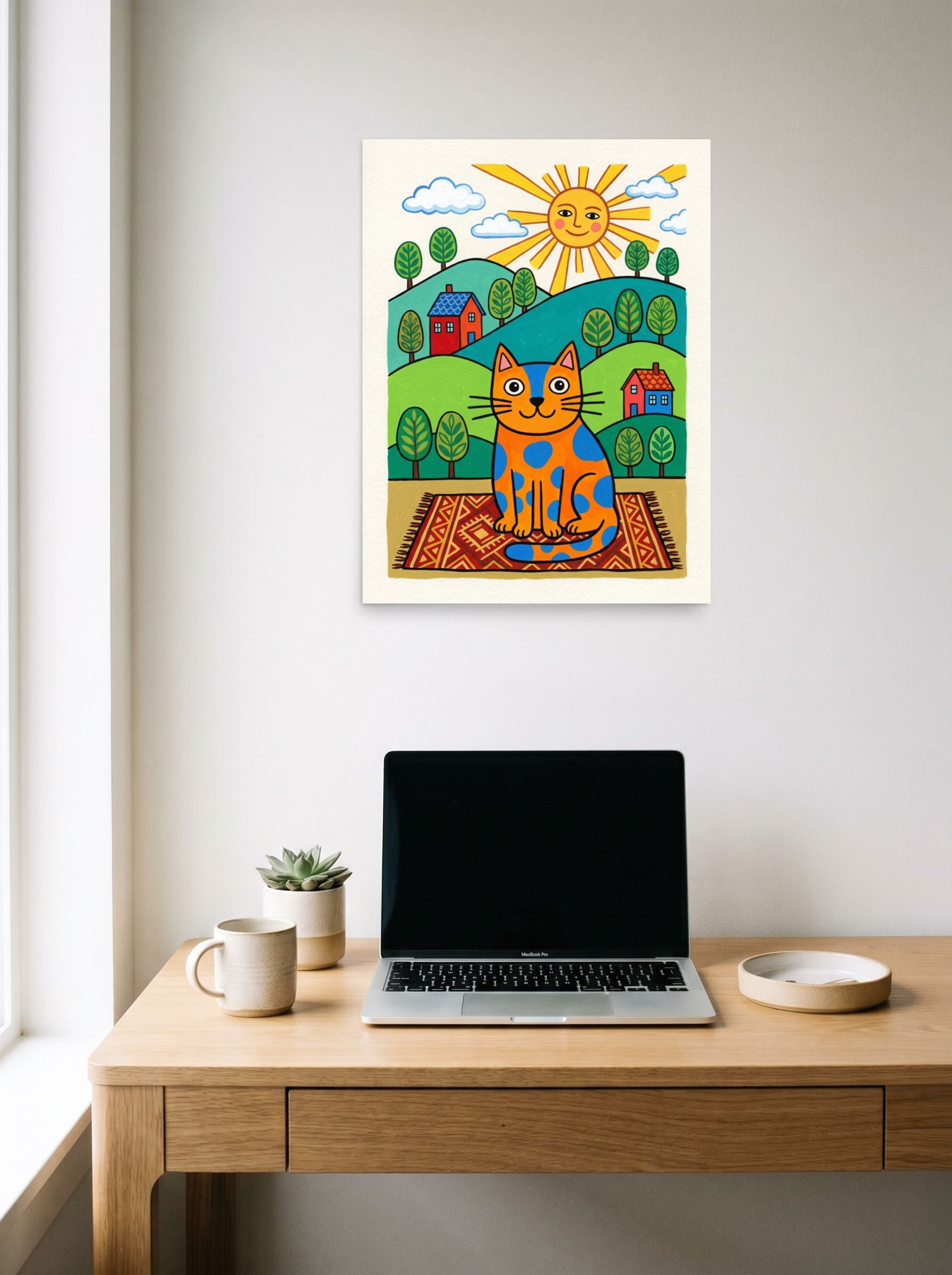 A 18x24 inch unframed paper Naive art print of 'The Sunlit Spotted Cat' hanging above a worktable with a laptop.